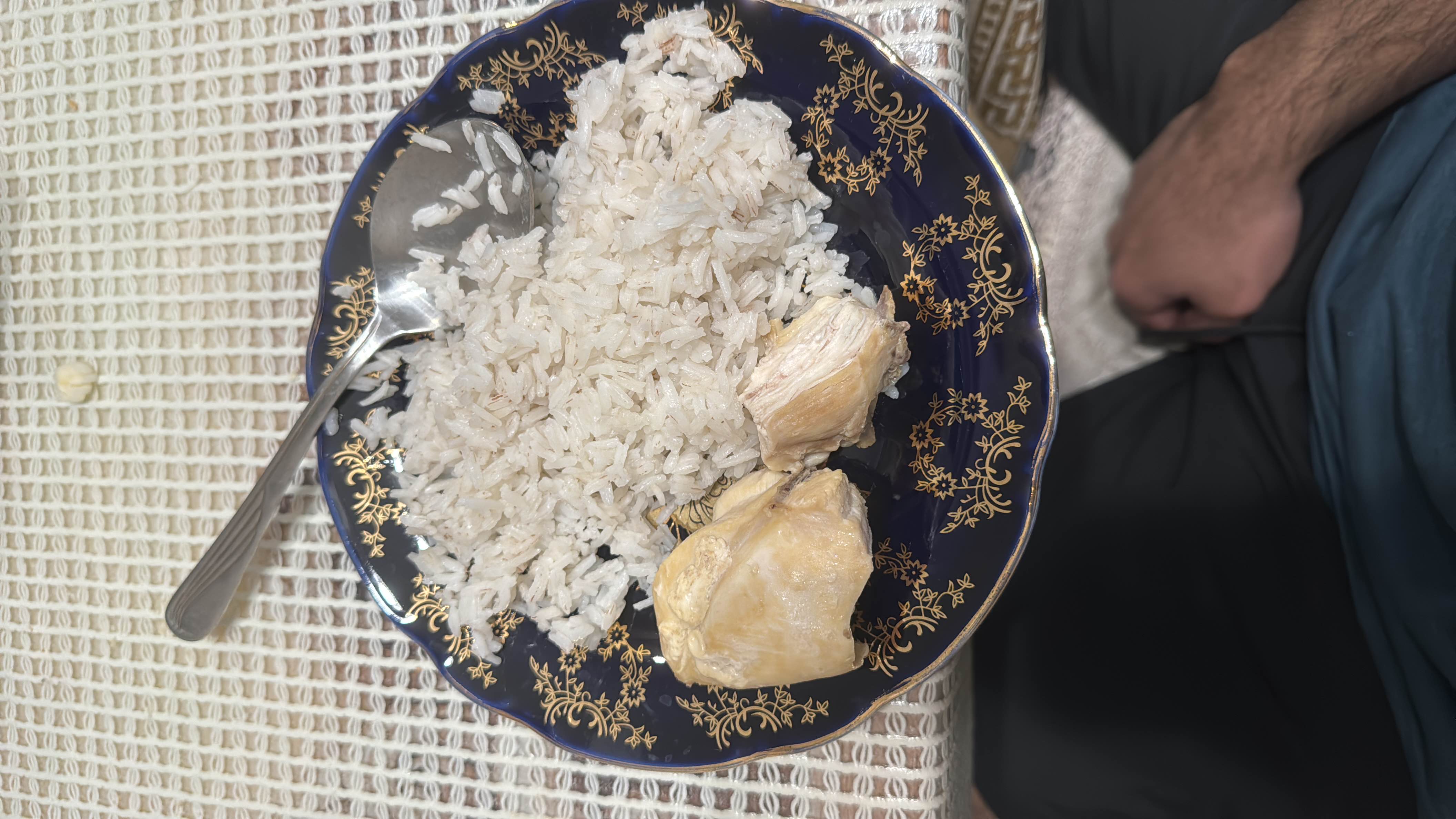 A simple meal consisting of boiled white rice and boiled chicken, providing a balanced mix of carbohydrates and protein with minimal fats.