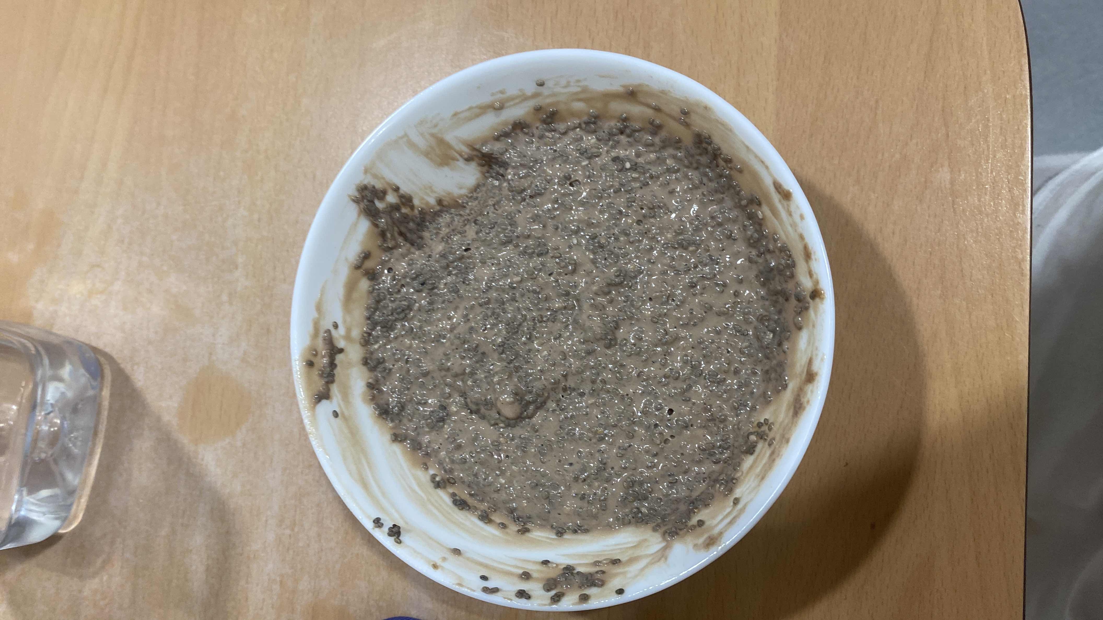 A nutritious chia seed pudding with cocoa, milk, and sweetener, providing a balanced mix of protein, carbs, and healthy fats.