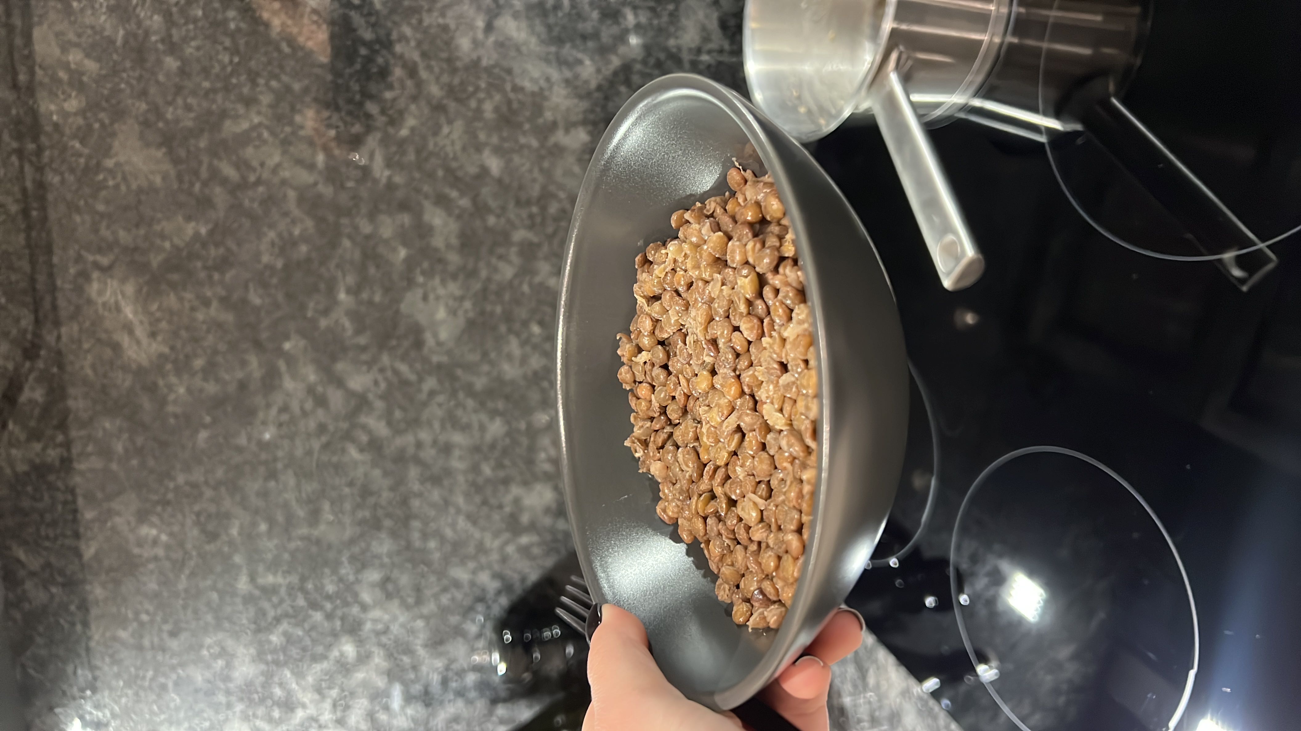 A bowl of cooked lentils, a high-protein and fiber-rich legume, providing essential nutrients with minimal fat content.