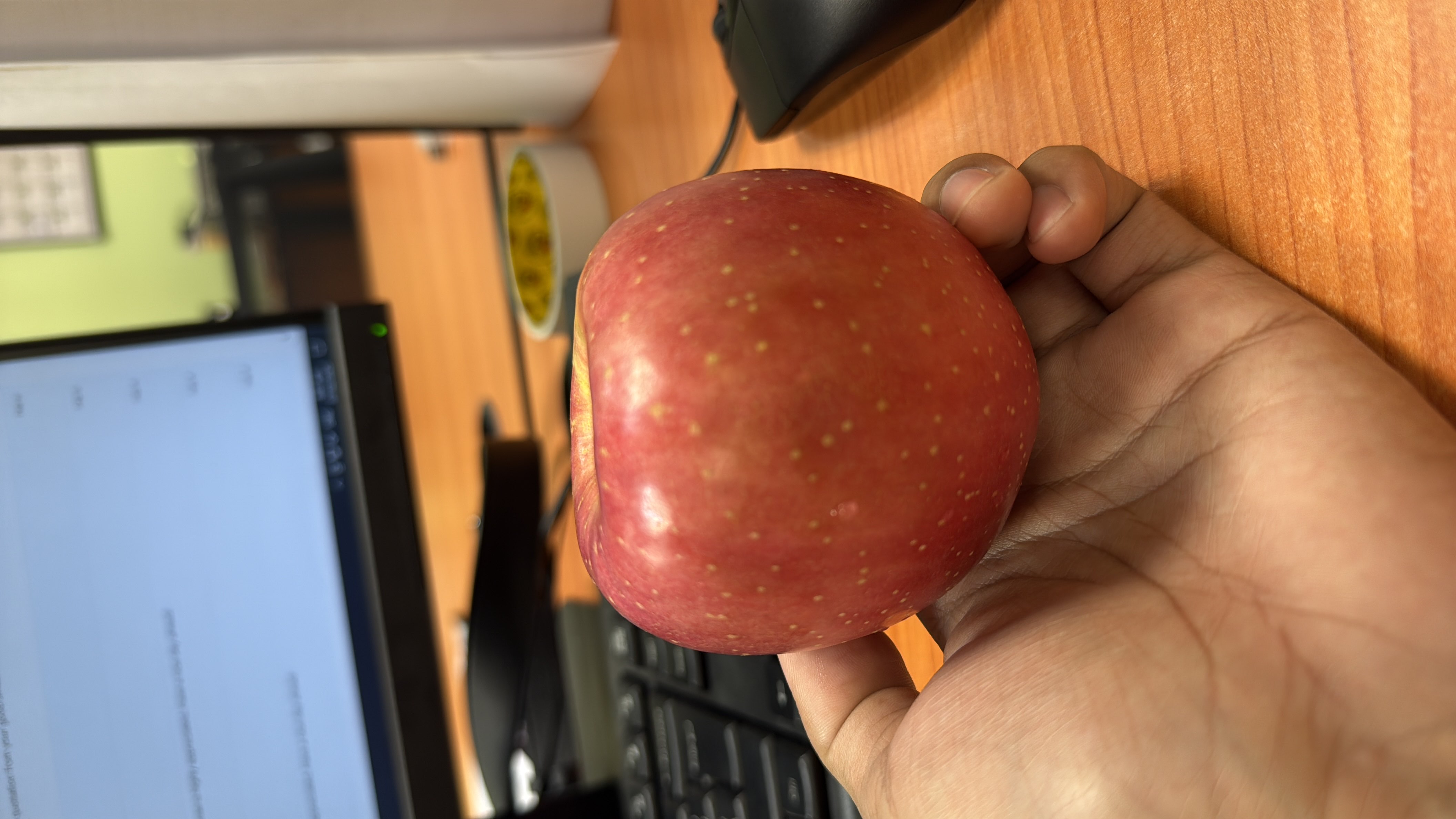 A fresh apple, which is a nutritious fruit rich in fiber and vitamins, commonly consumed as a healthy snack.