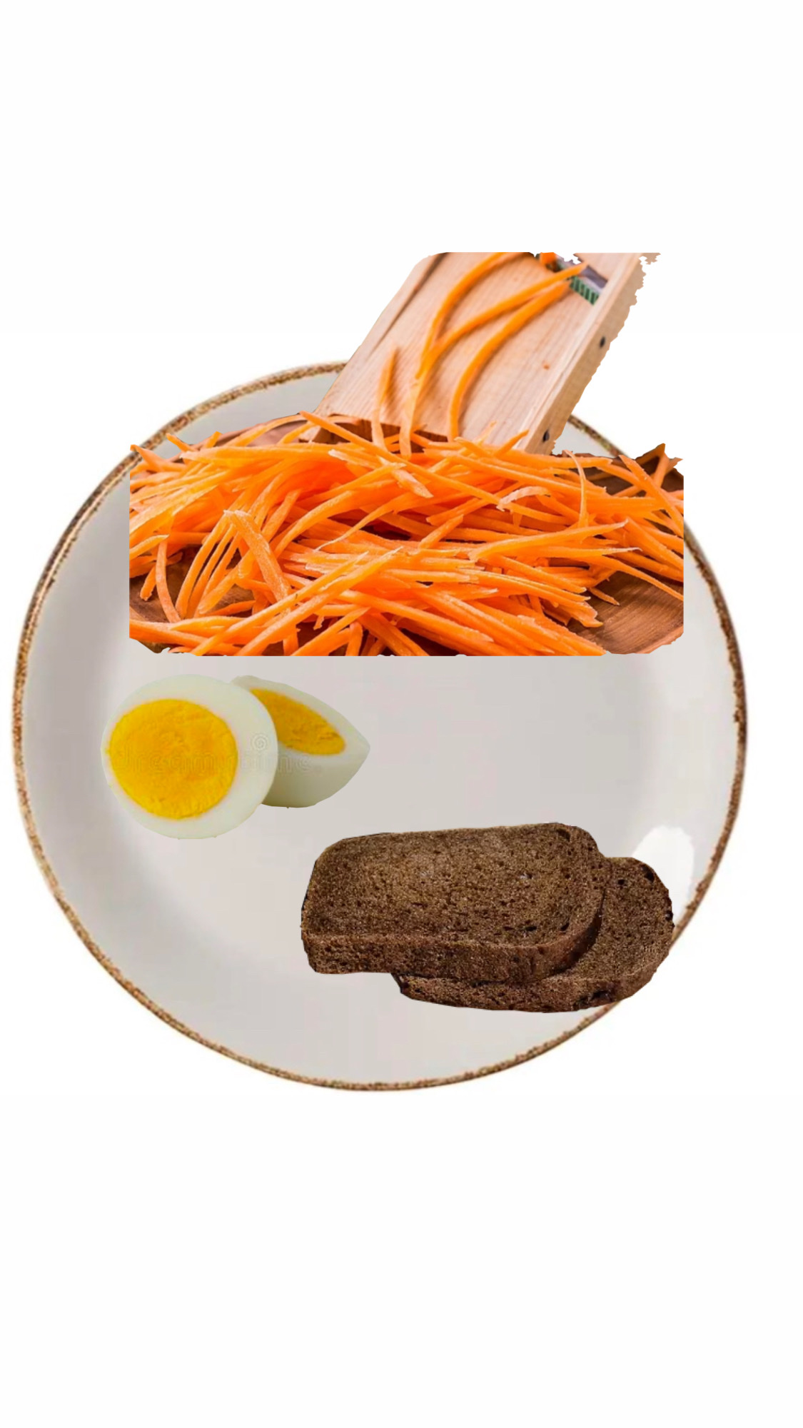 A nutritious meal consisting of shredded carrots, boiled eggs, and rye bread, providing a balanced mix of protein, carbohydrates, and healthy fats.