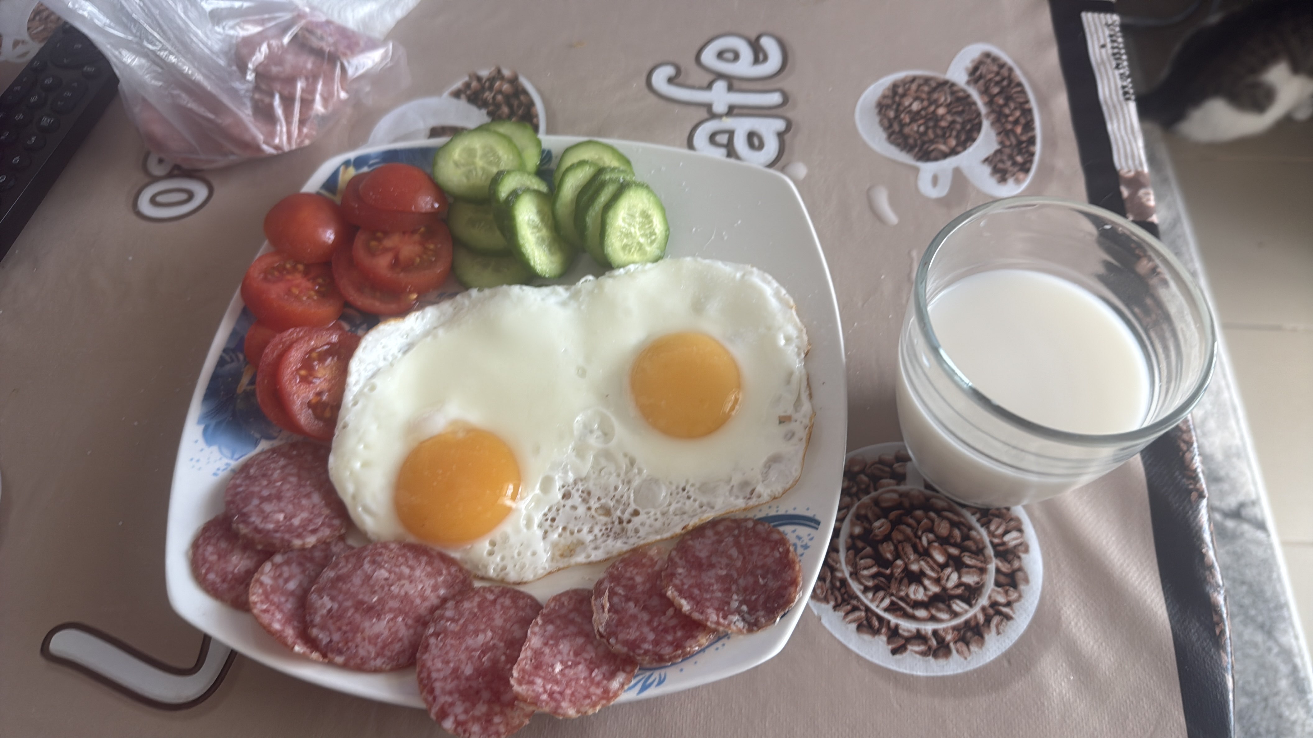 A balanced meal consisting of fried eggs, salami, fresh tomatoes, cucumbers, and a glass of milk, providing a good mix of protein, fats, and carbohydrates.
