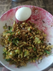 A nutritious meal consisting of a boiled egg and a stir-fried mix of sprouted soybeans, cabbage, onions, and spices, providing a balanced intake of protein, carbs, and healthy fats.