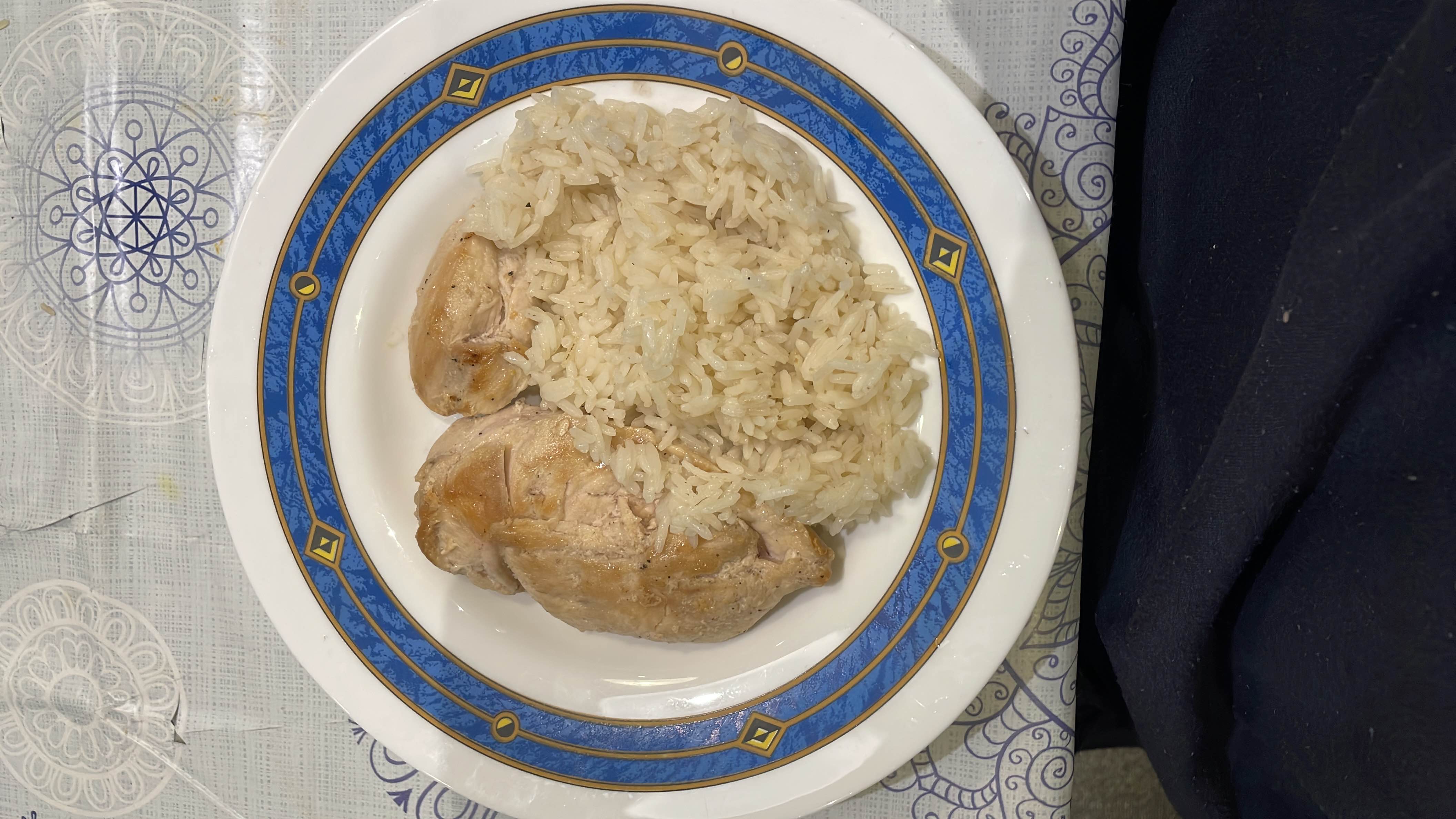 A balanced meal consisting of grilled chicken breast and white rice, providing a high protein and moderate carbohydrate intake.