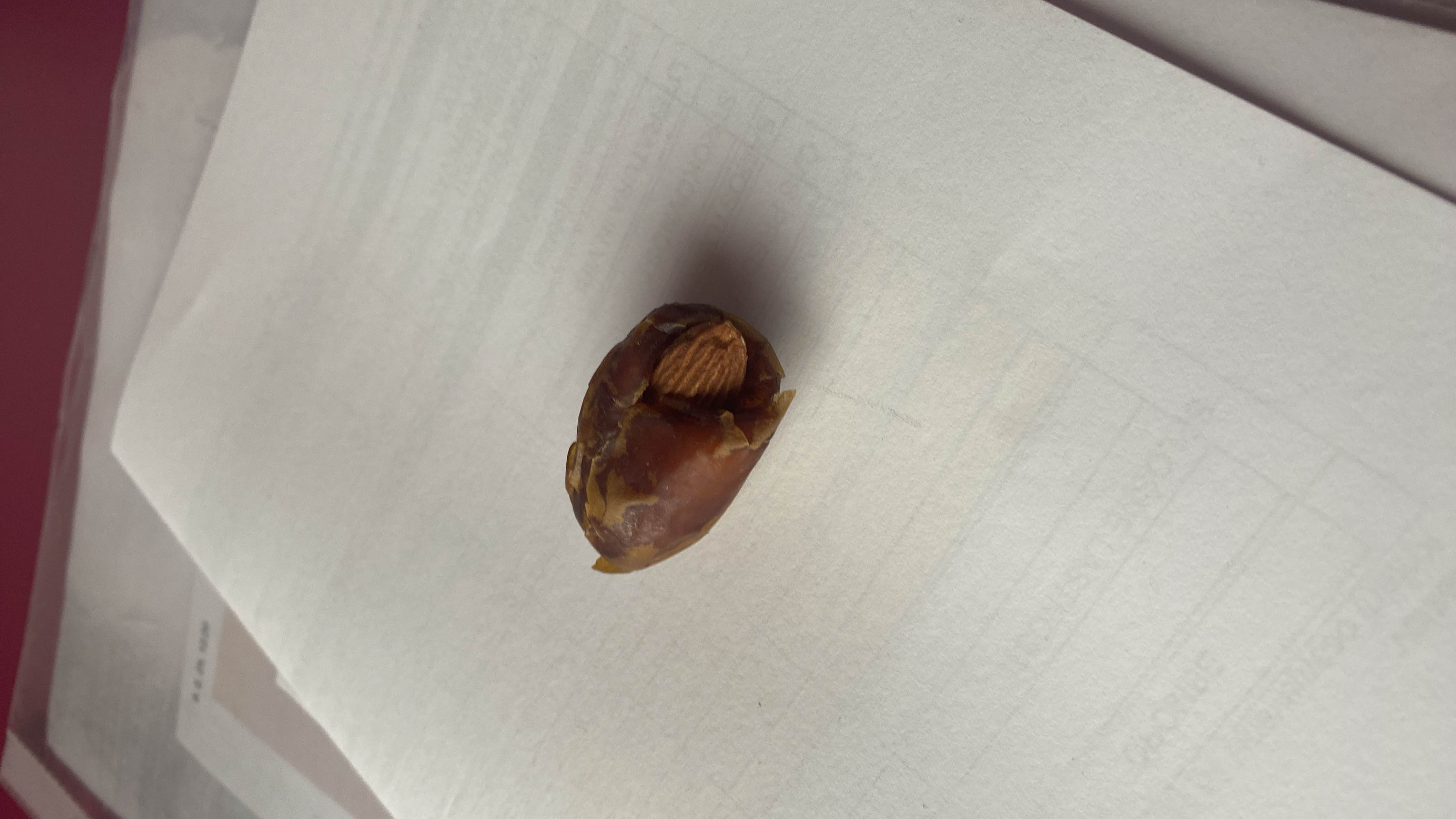 A stuffed date with an almond inside, providing a nutritious combination of natural sugars, fiber, and healthy fats.