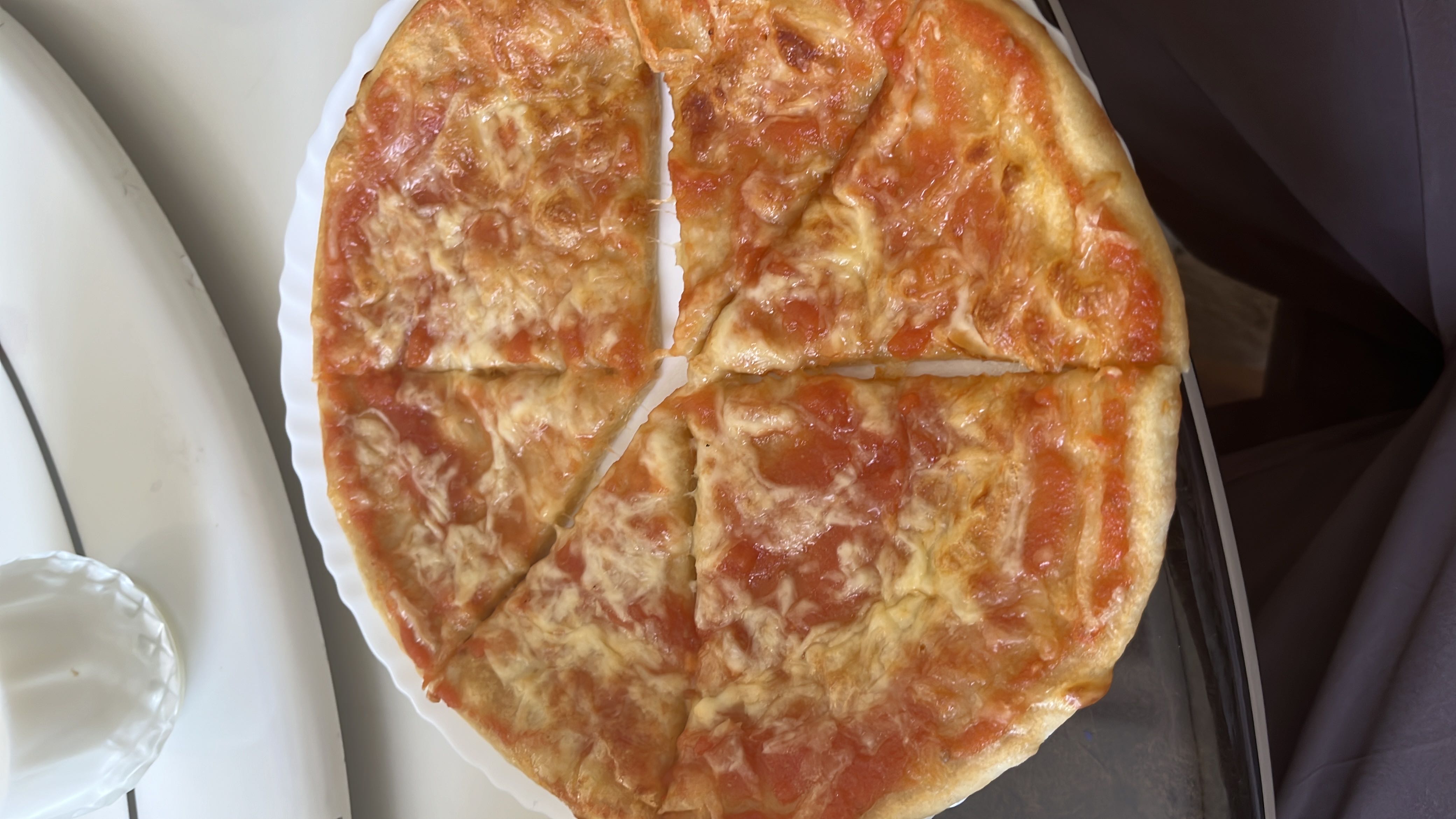 A cheese pizza with tomato sauce on a thin crust, cut into slices, served on a white plate.
