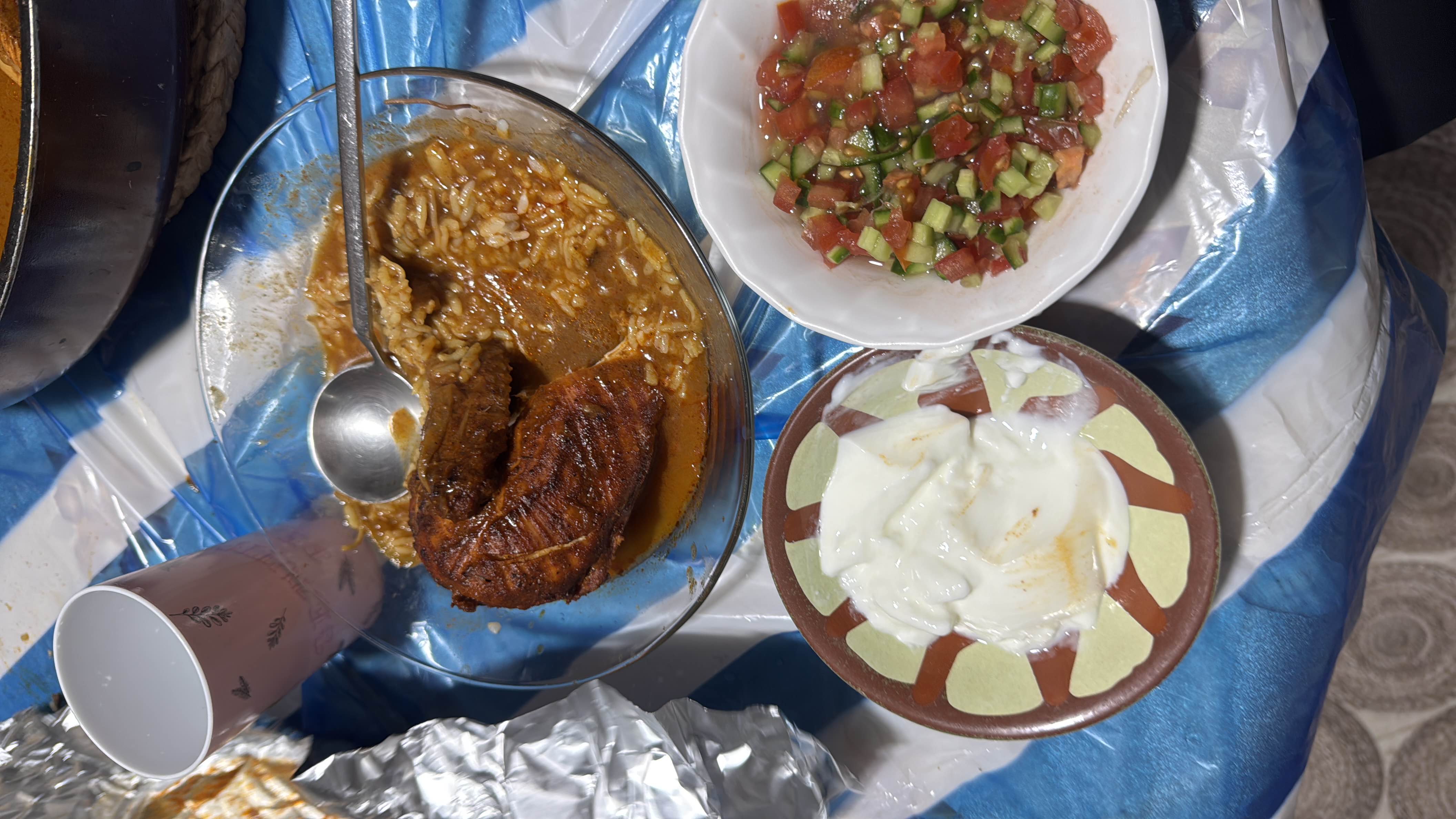 A meal consisting of spiced chicken with rice in sauce, accompanied by a fresh tomato and cucumber salad and a side of yogurt.