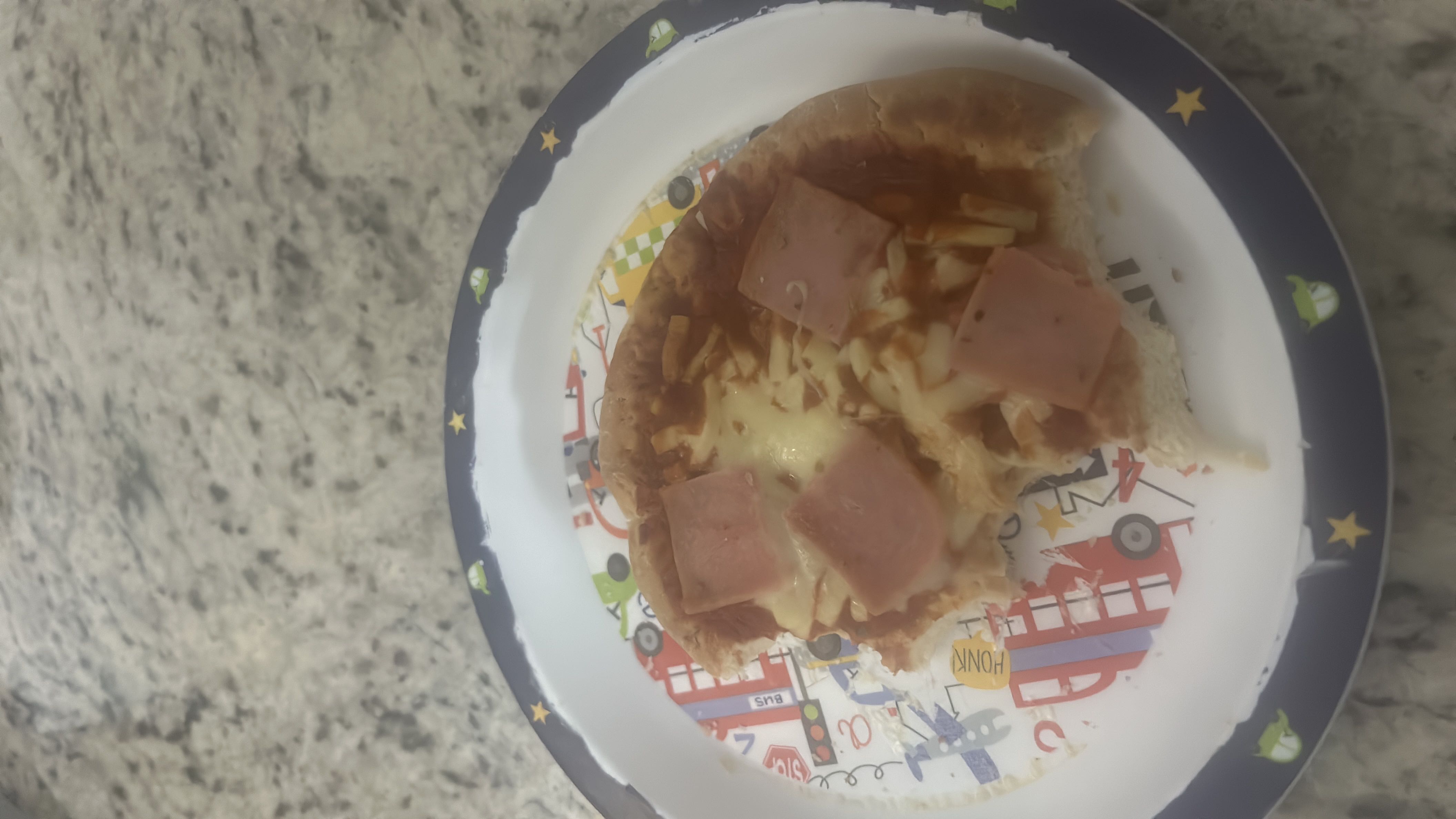 A small homemade pizza with a thick crust, topped with cheese, ham, and tomato sauce, served on a decorative plate.