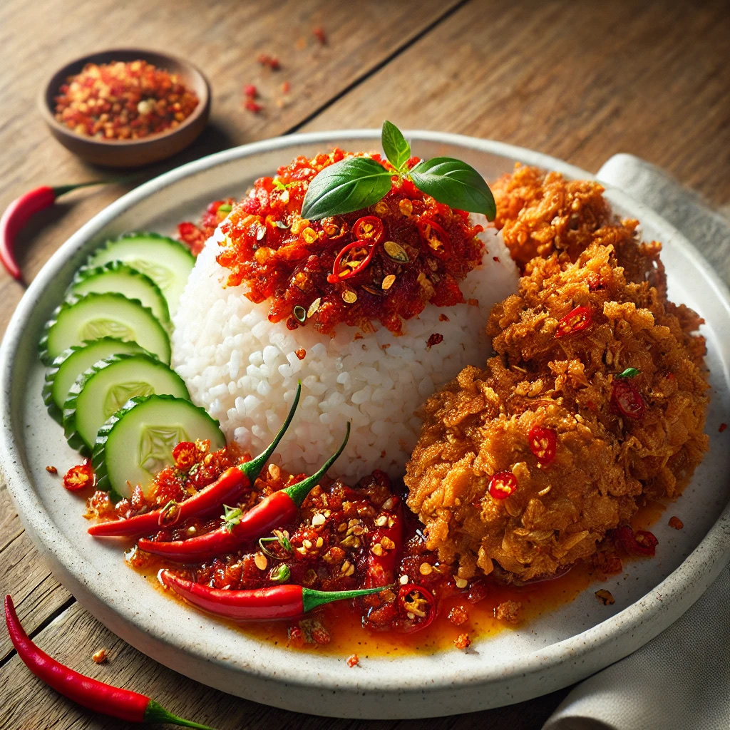 A plate of crispy fried chicken served with steamed rice, spicy chili sambal, and fresh cucumber slices.
