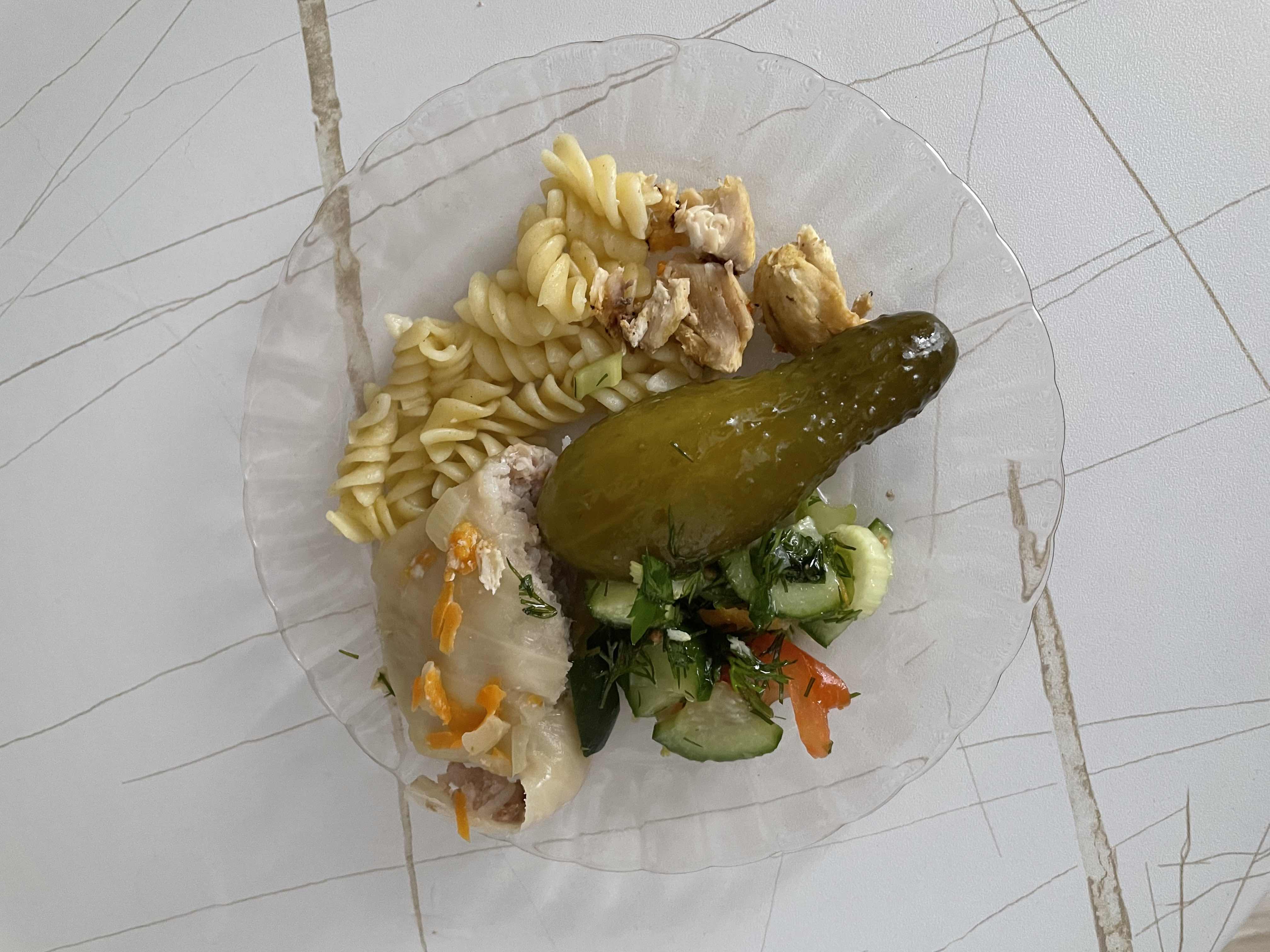 A balanced meal consisting of a stuffed cabbage roll, pasta, grilled chicken, a pickled cucumber, and a fresh vegetable salad.