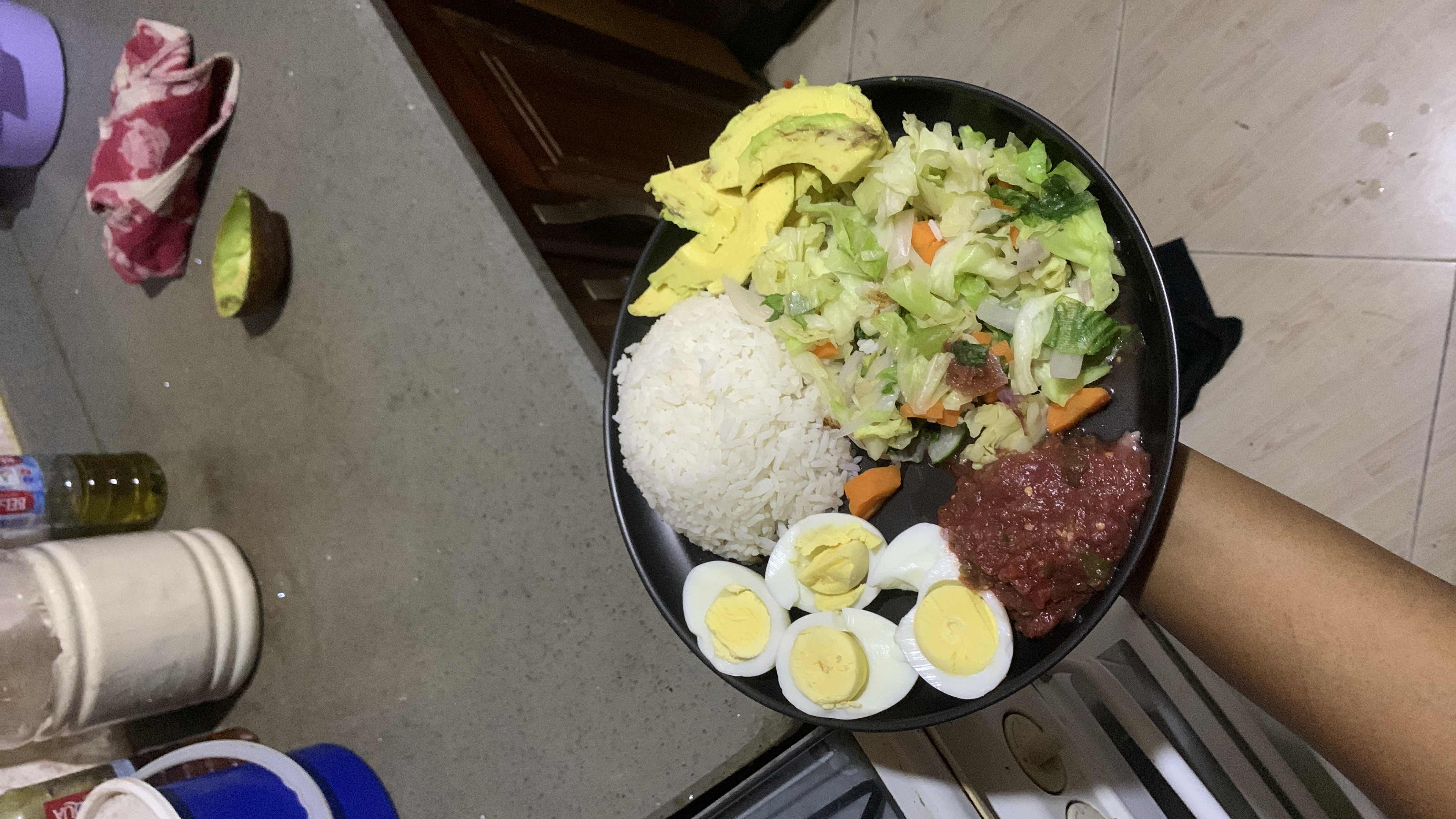 Rice with eggs and avocado