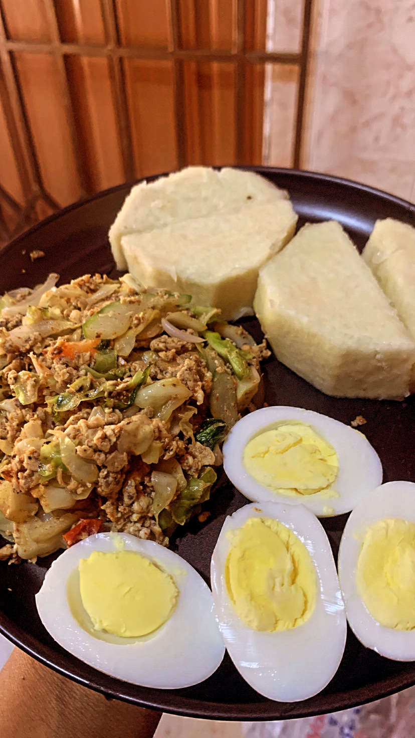 Yam with eggs and stir-fry