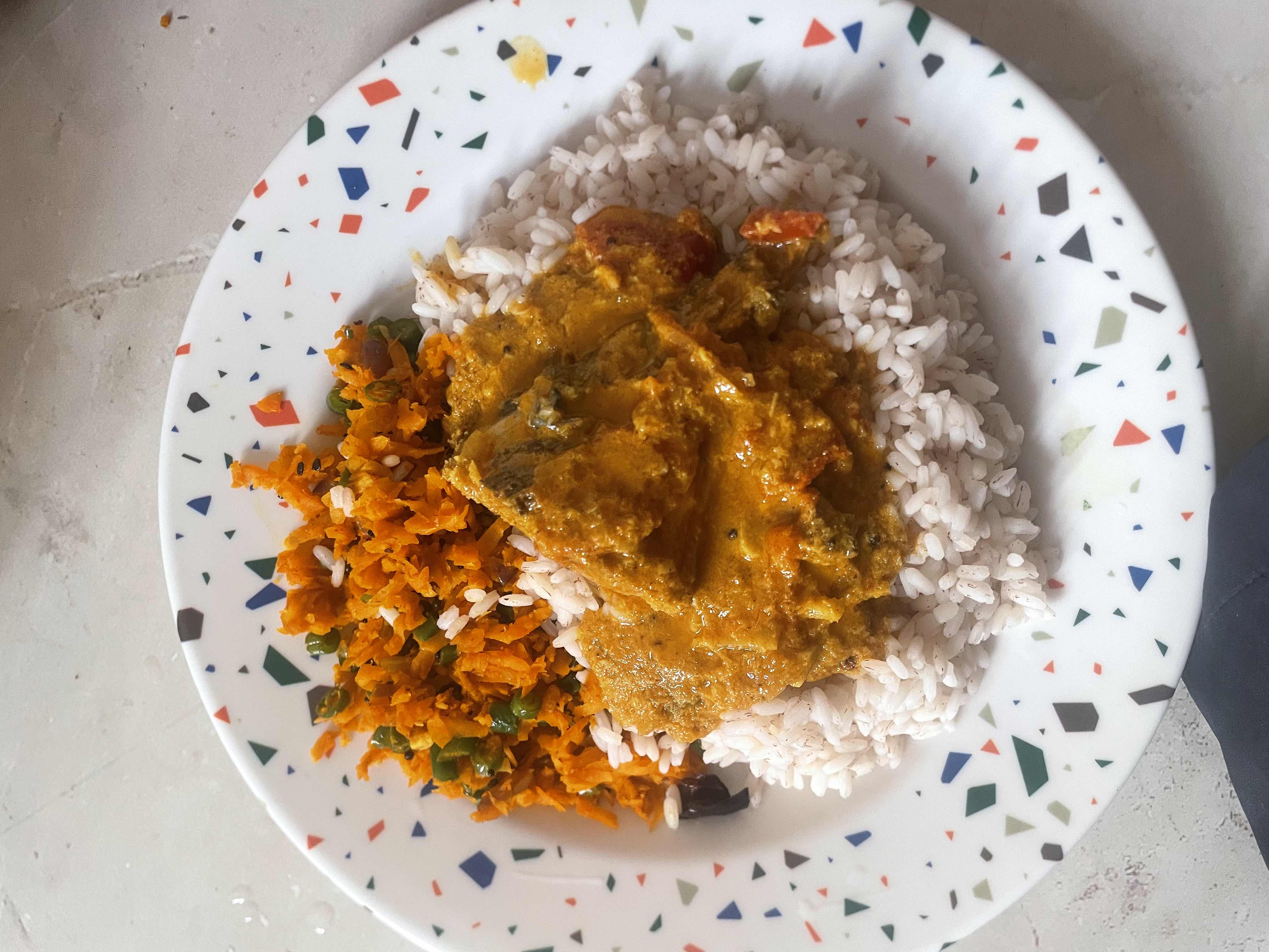 Rice with curry and salad