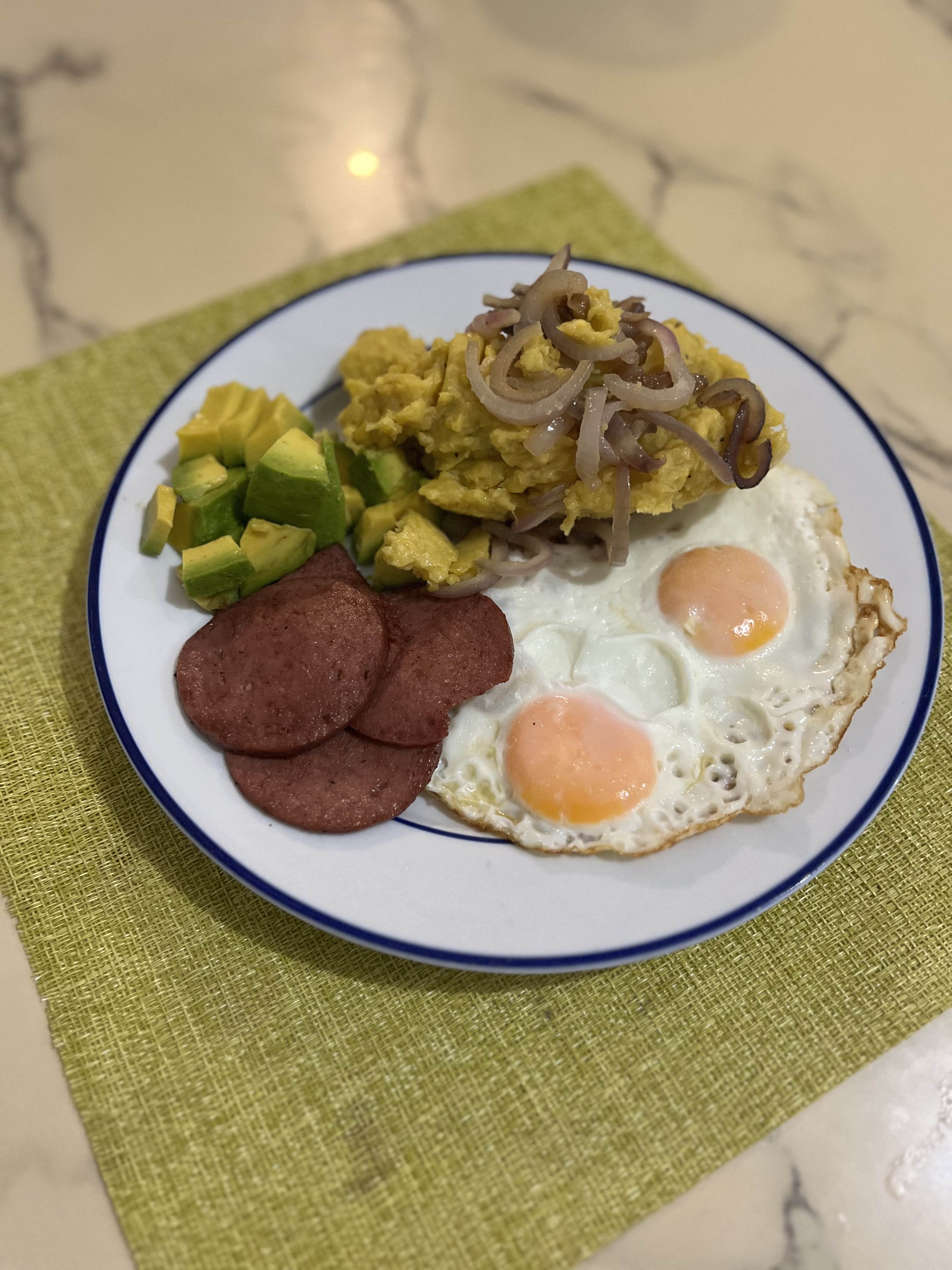 Mangu with eggs and sausage