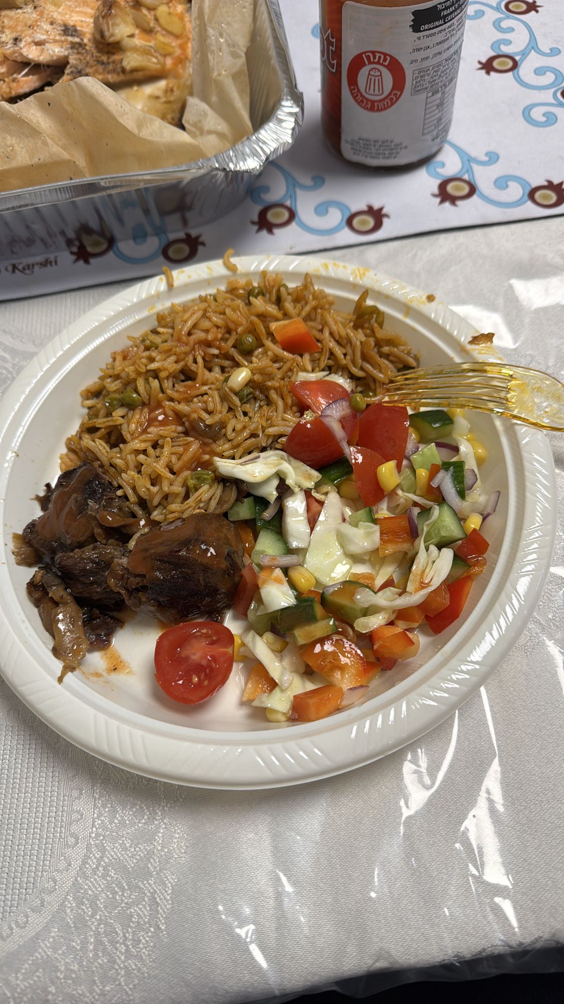 Rice with beef and salad