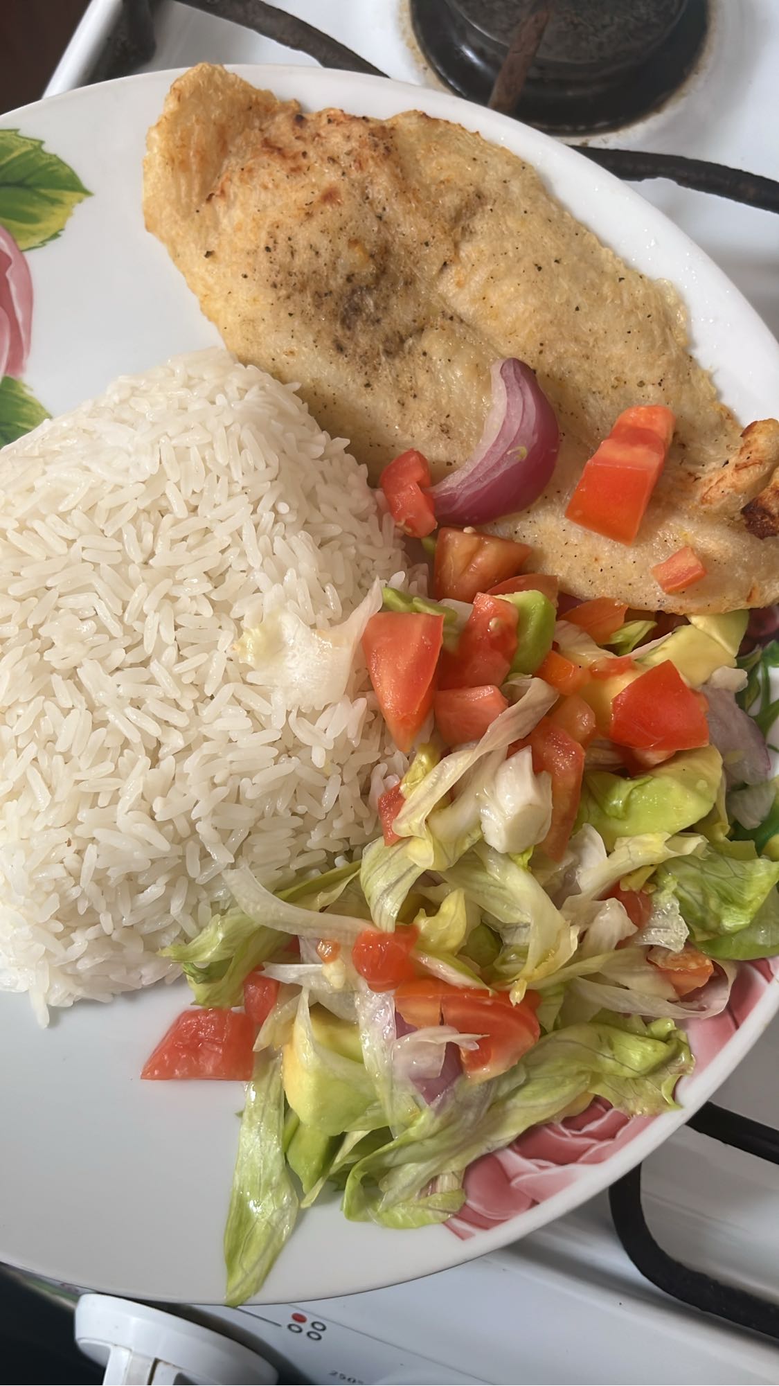 Pescado con arroz y ensalada