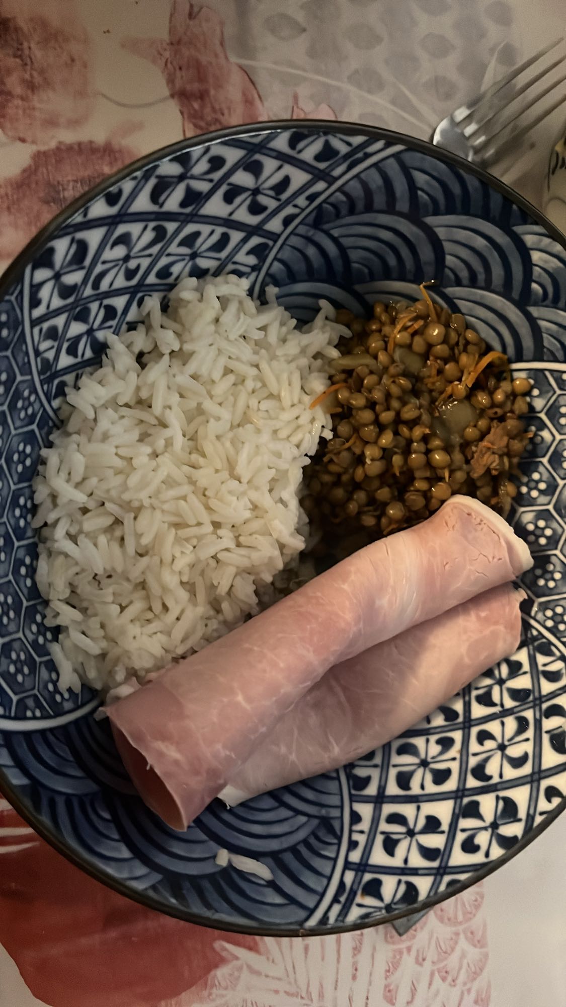 Assiette riz lentilles jambon