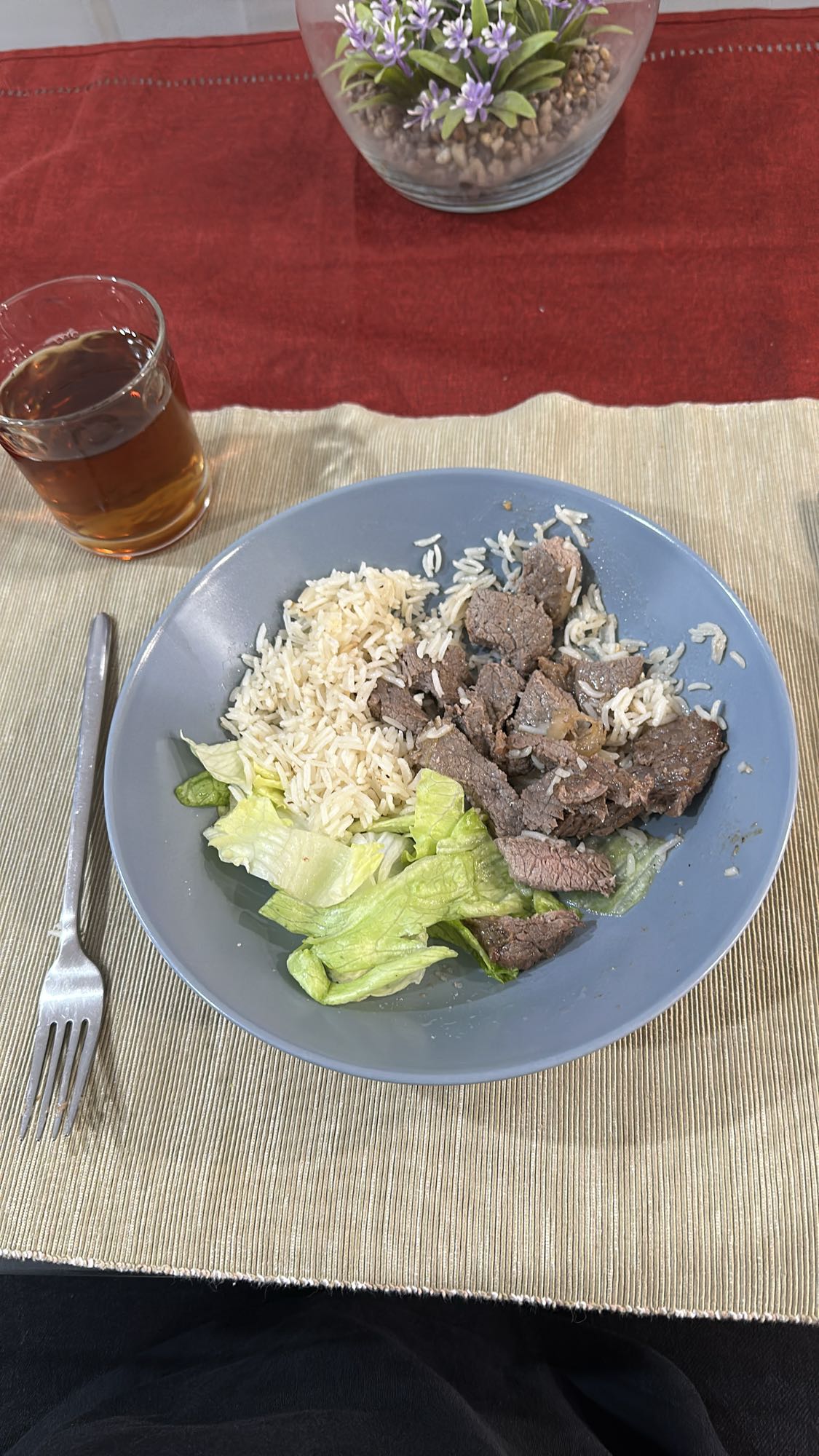 Carne con arroz y lechuga
