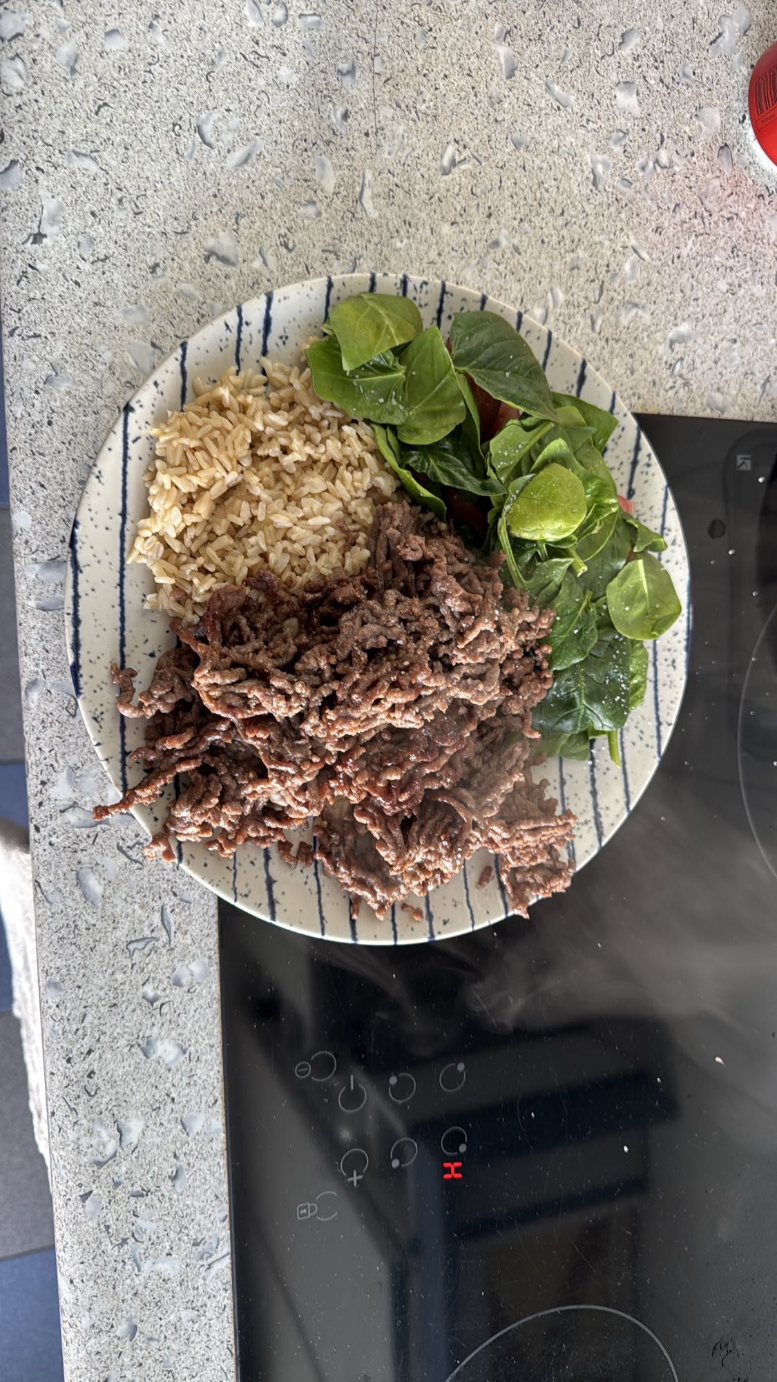 Carne con arroz y espinacas