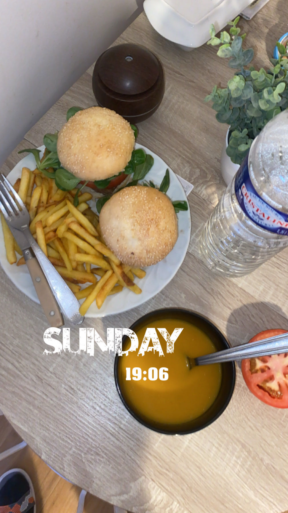 Burger with fries and soup