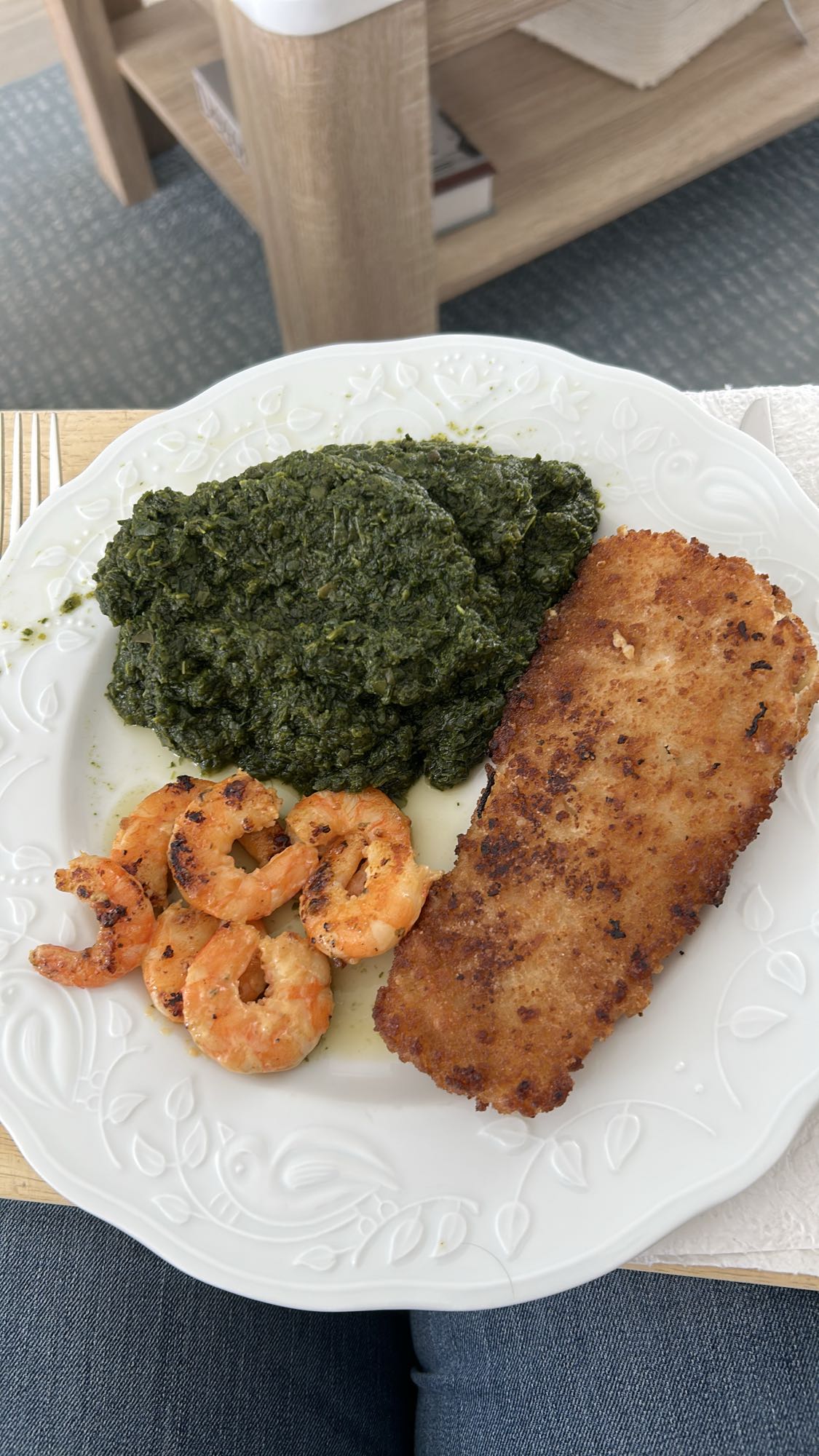 Épinards crevettes pané