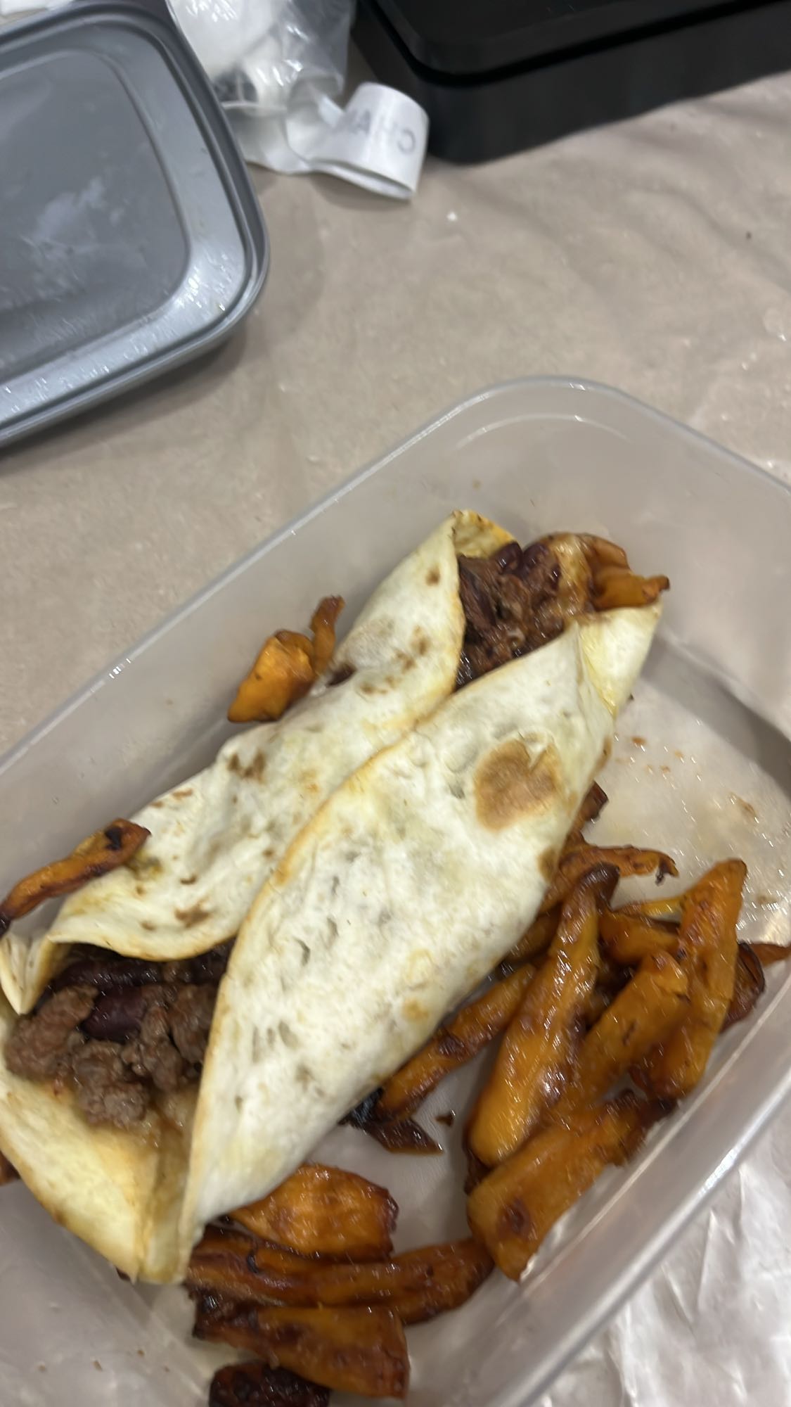 Beef Wrap with Tomato, Red Bean and Sweet Potato Fries