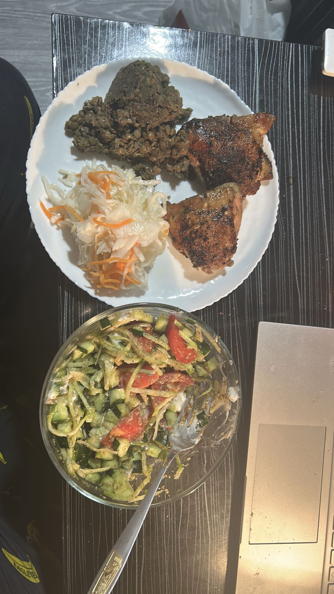 Chicken with fermented cabbage and lentil salad