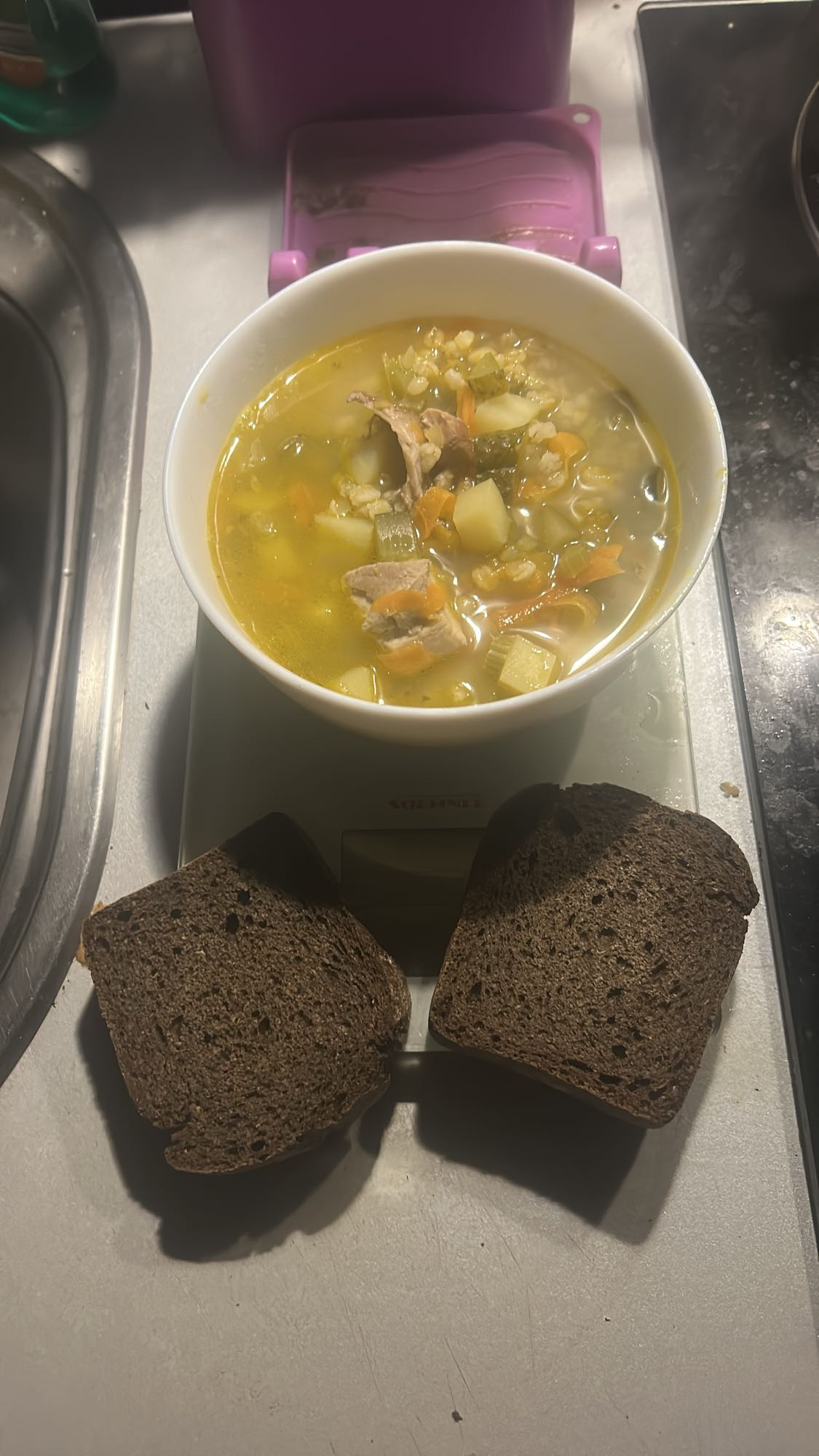 Rassolnik with toasted borodinsky rye bread