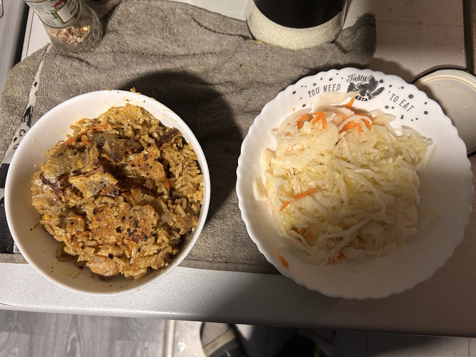 Rice with chicken, egg, and fermented cabbage