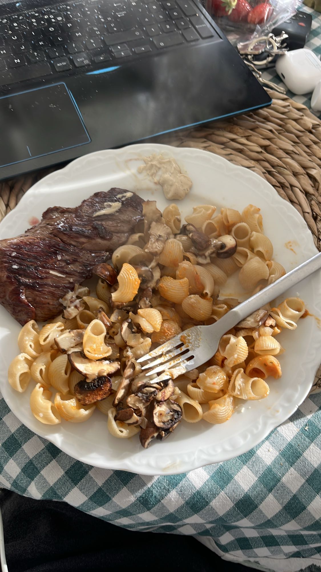 Steak and pasta plate