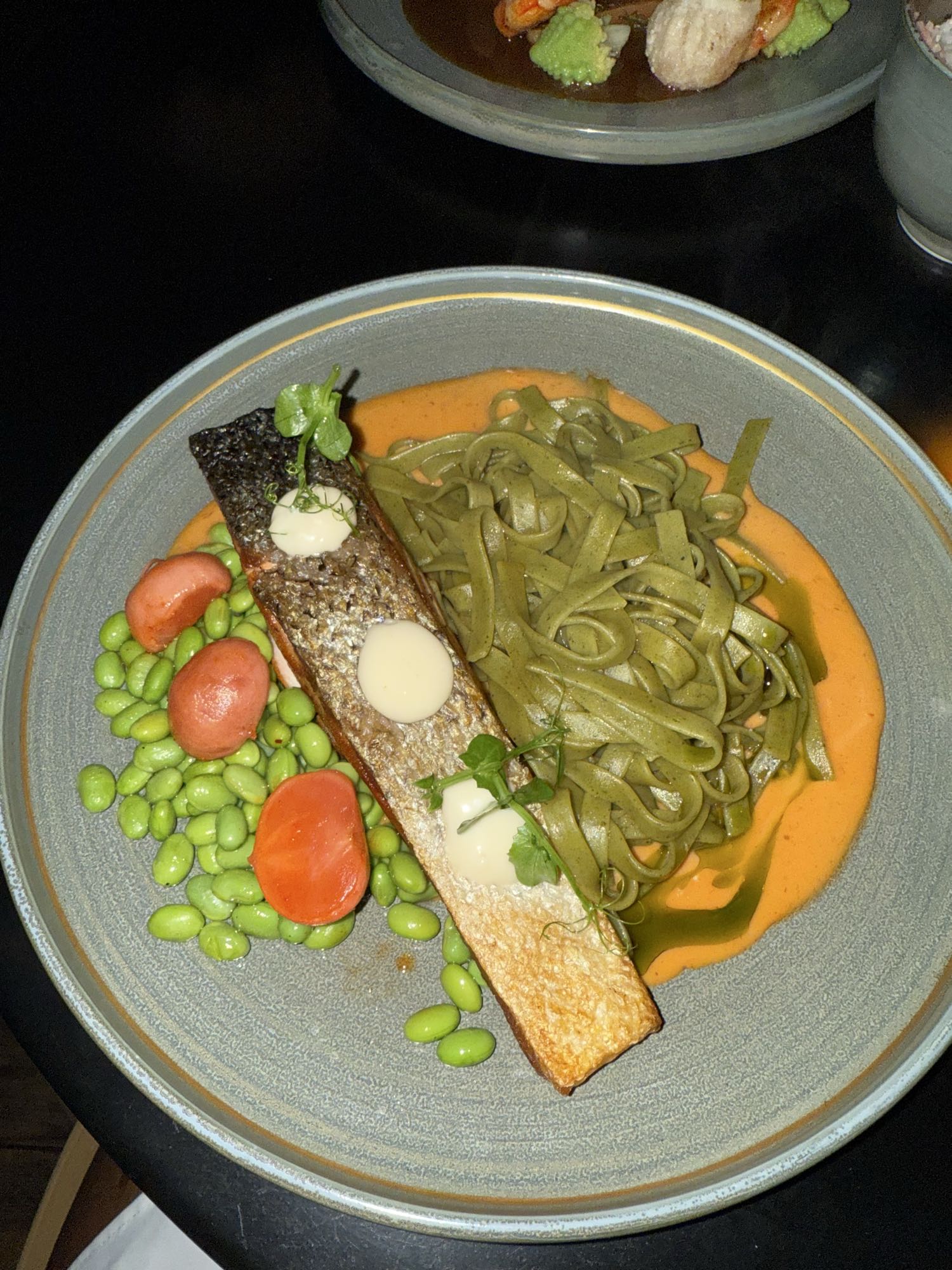 Salmon with green pasta