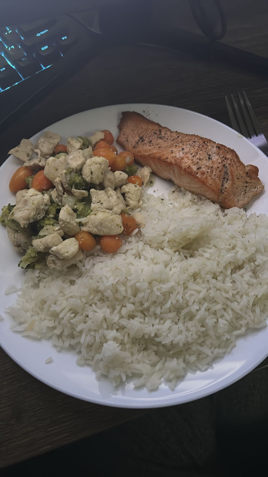 Zalm met rijst en kip
