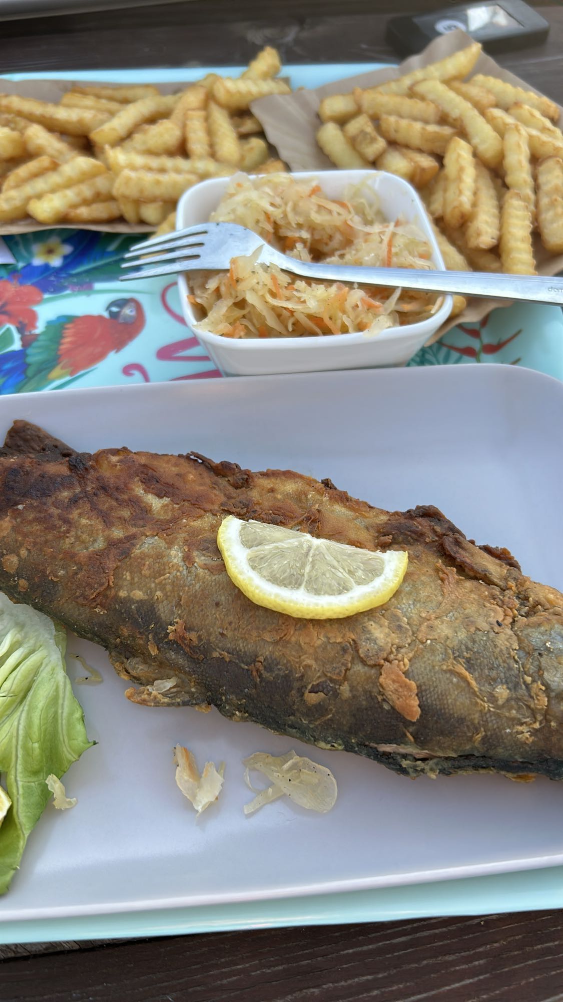 Smażona ryba z frytkami