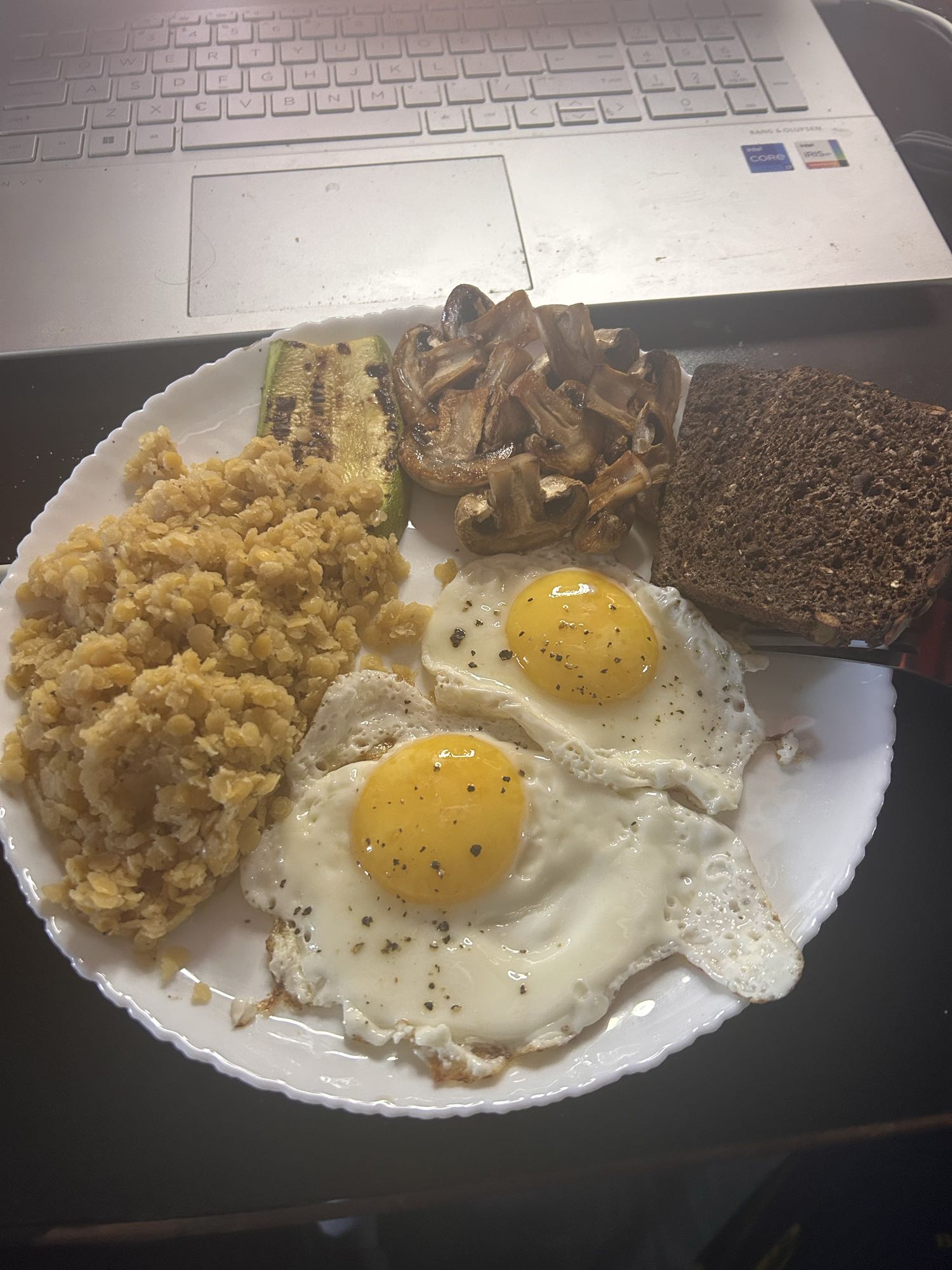 Eggs with lentils plate