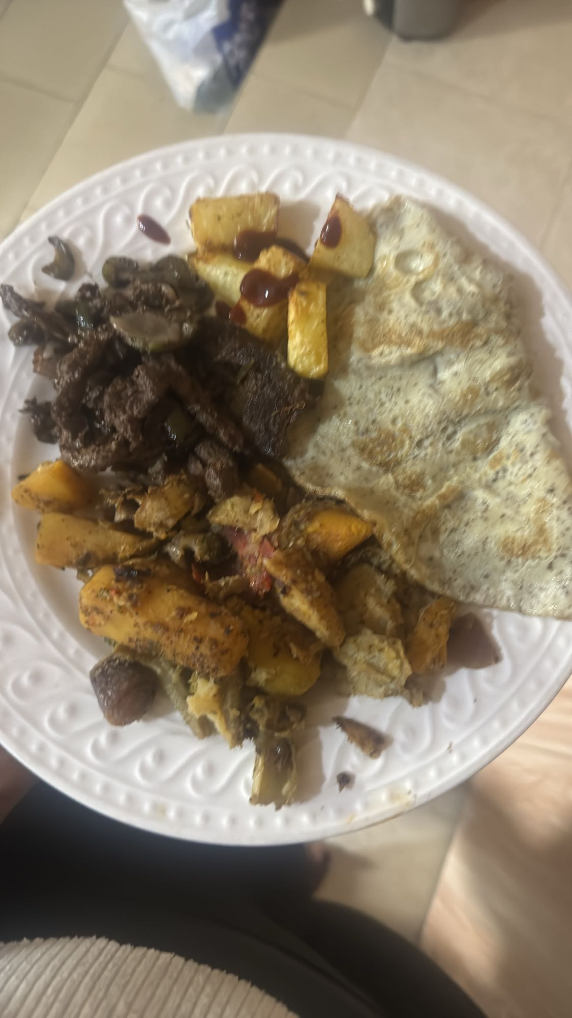 Beef, eggs and veggies