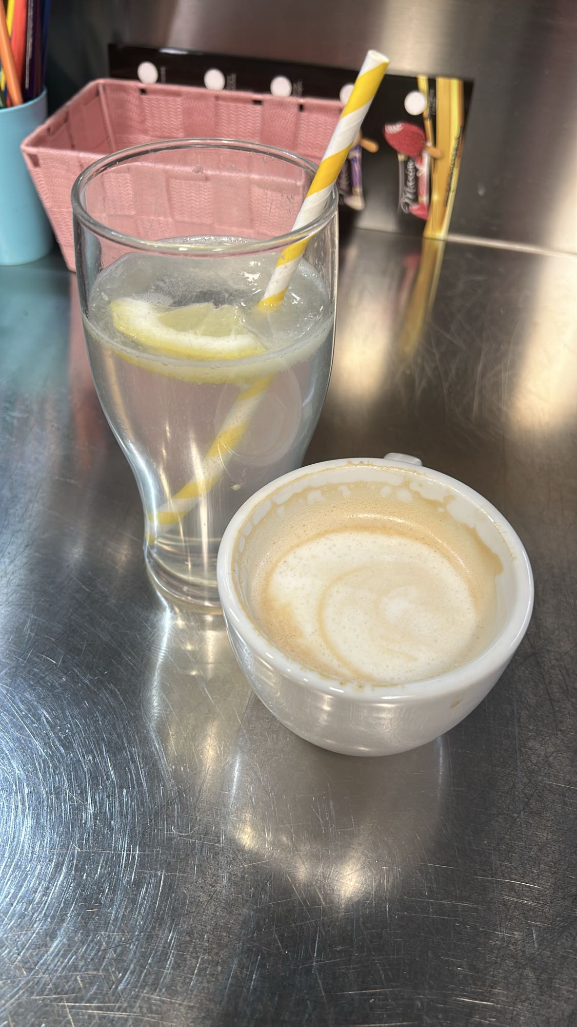 Lemon water and latte