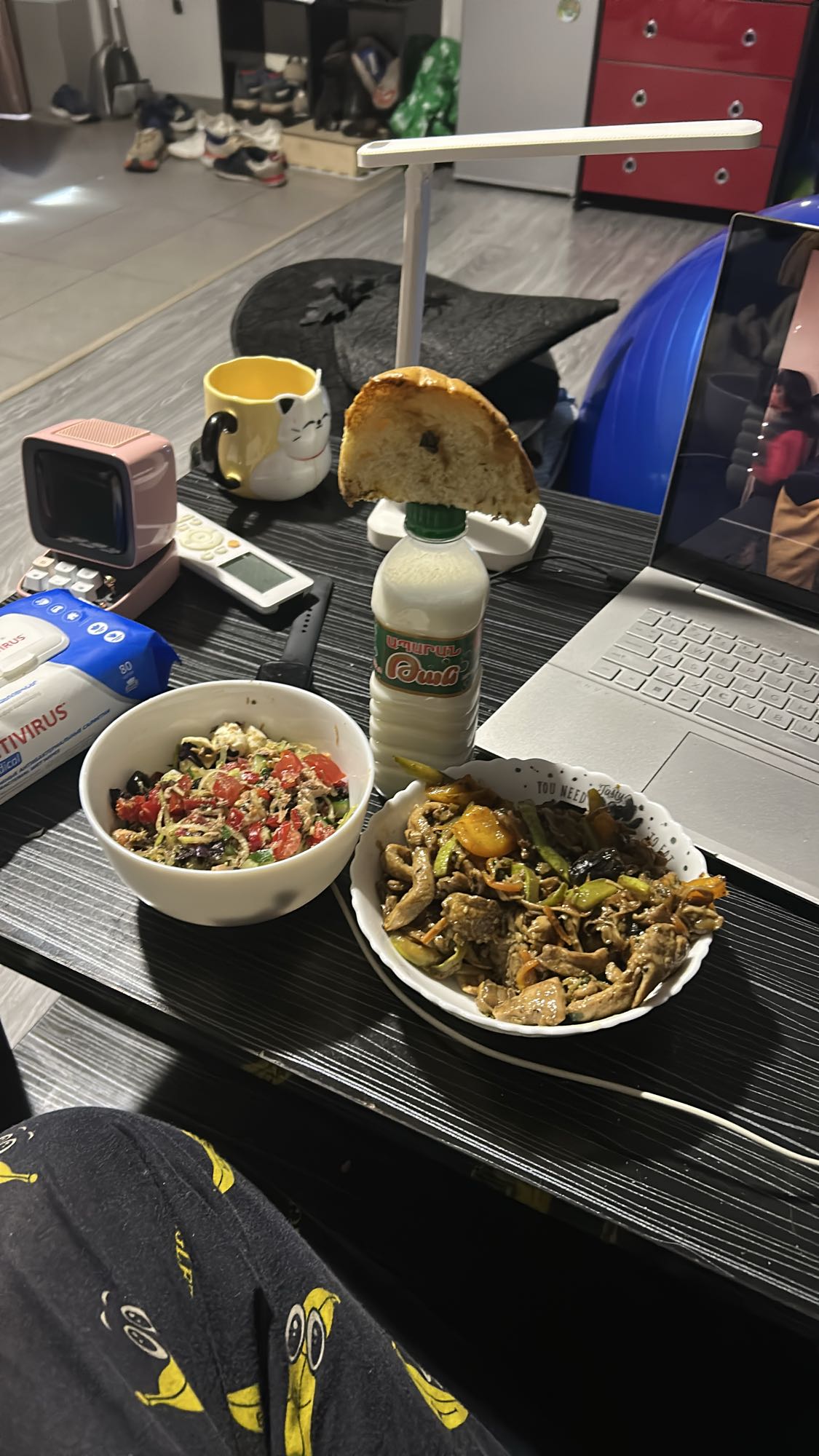 Chicken stir-fry with soba, dhal, and tuna salad