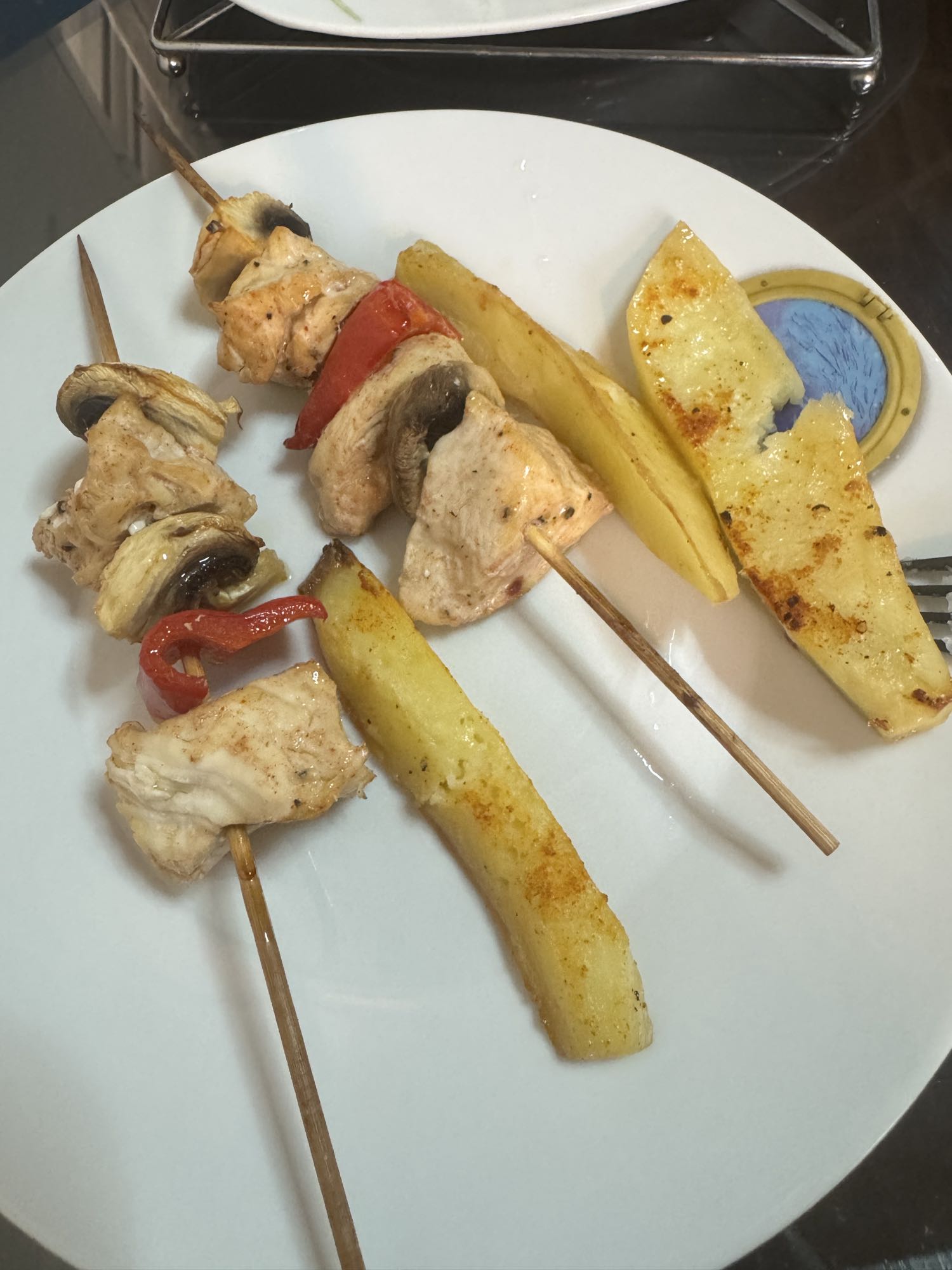 Chicken Veggie Skewers Plate with Cheese Pie, Pineapple, Pear, Banana, and Additional Cheese and Salami