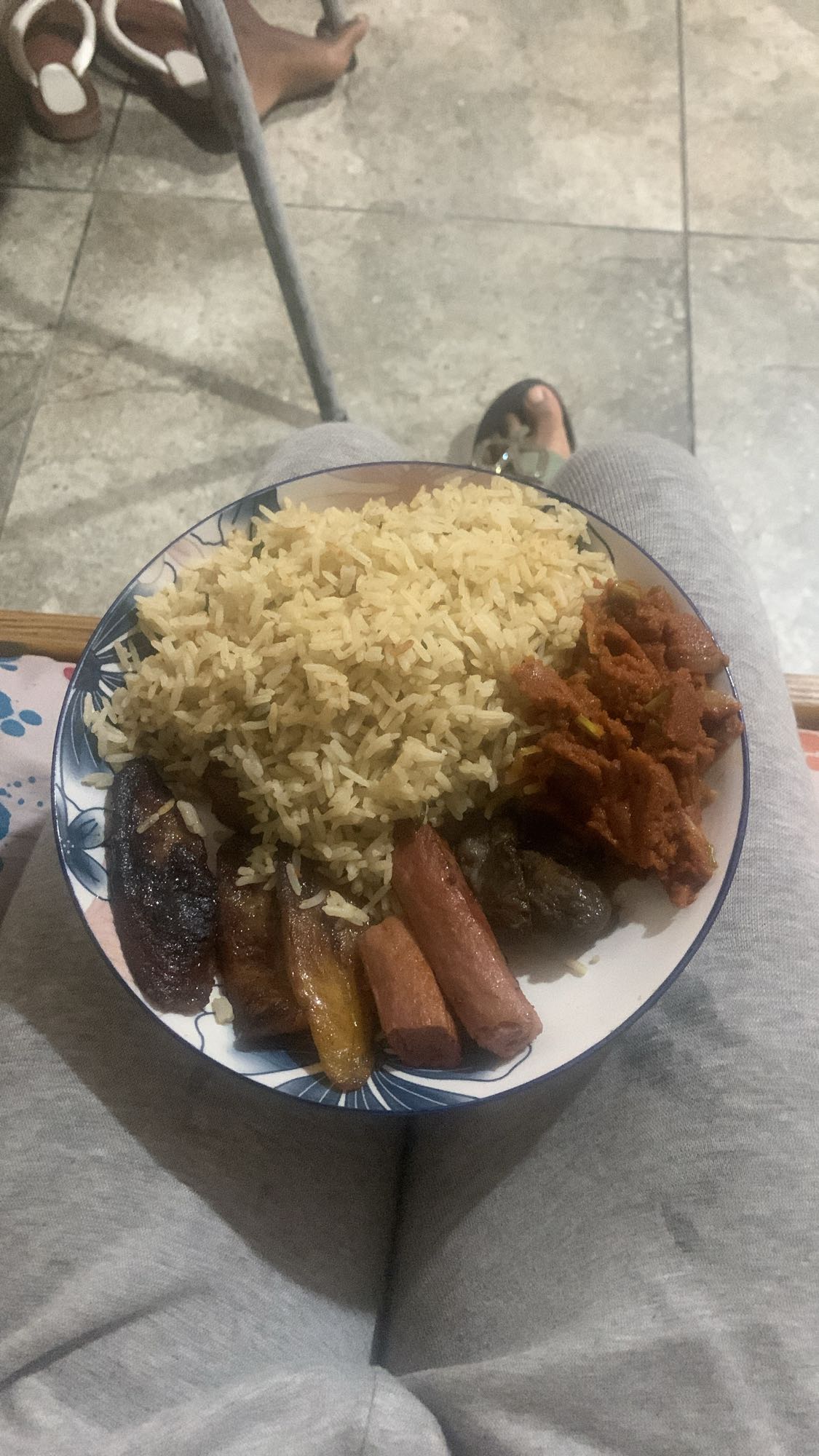 Rice, plantain, sausage, stew