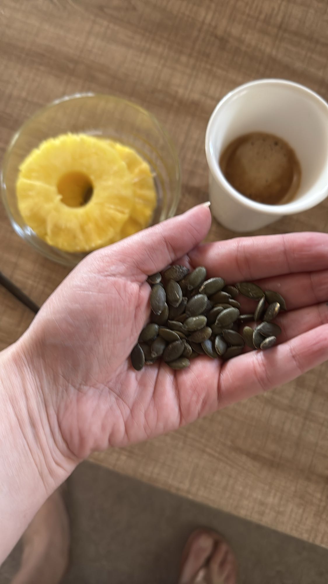 Coffee with egg, green peas, pineapple, bread and mozzarella salad