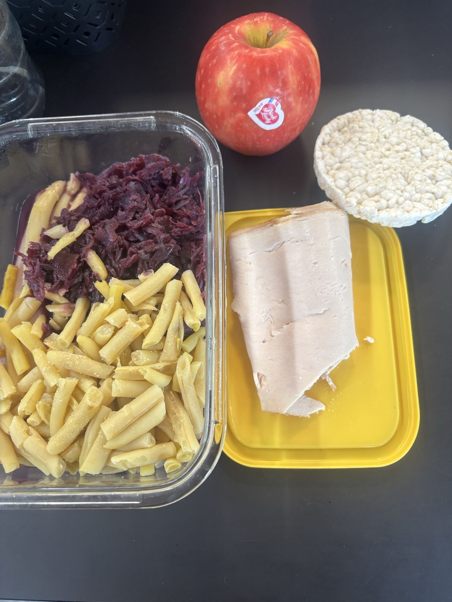 Haricot vert choux rouge et poulet