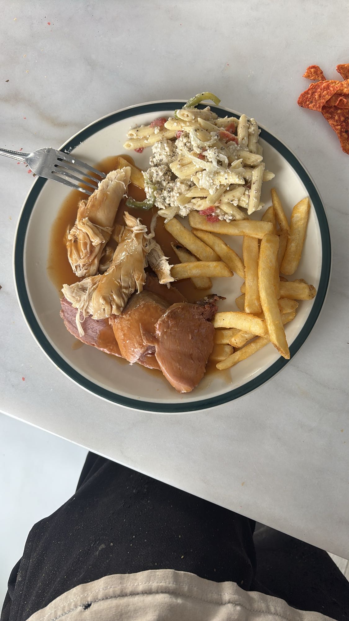 Assiette poulet pâtes frites