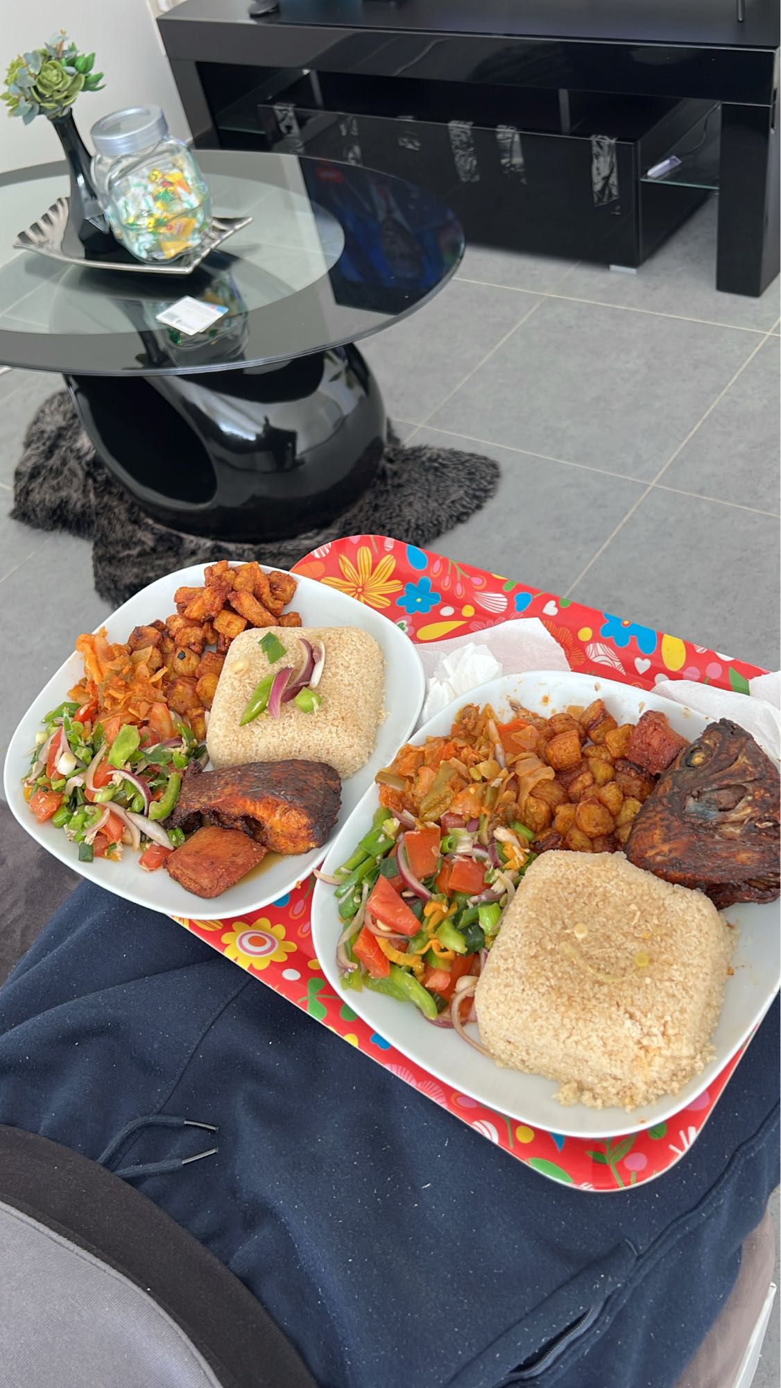 Fried plantain, fish, salad, rice