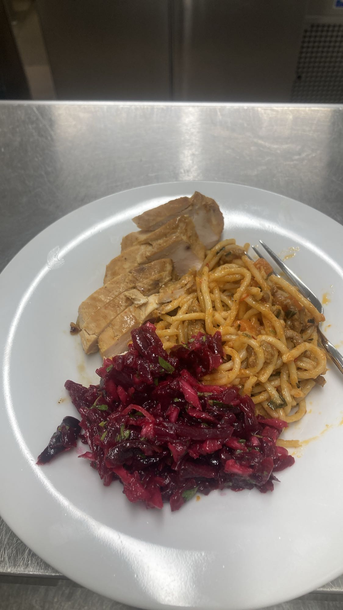 Chicken, pasta, beet salad