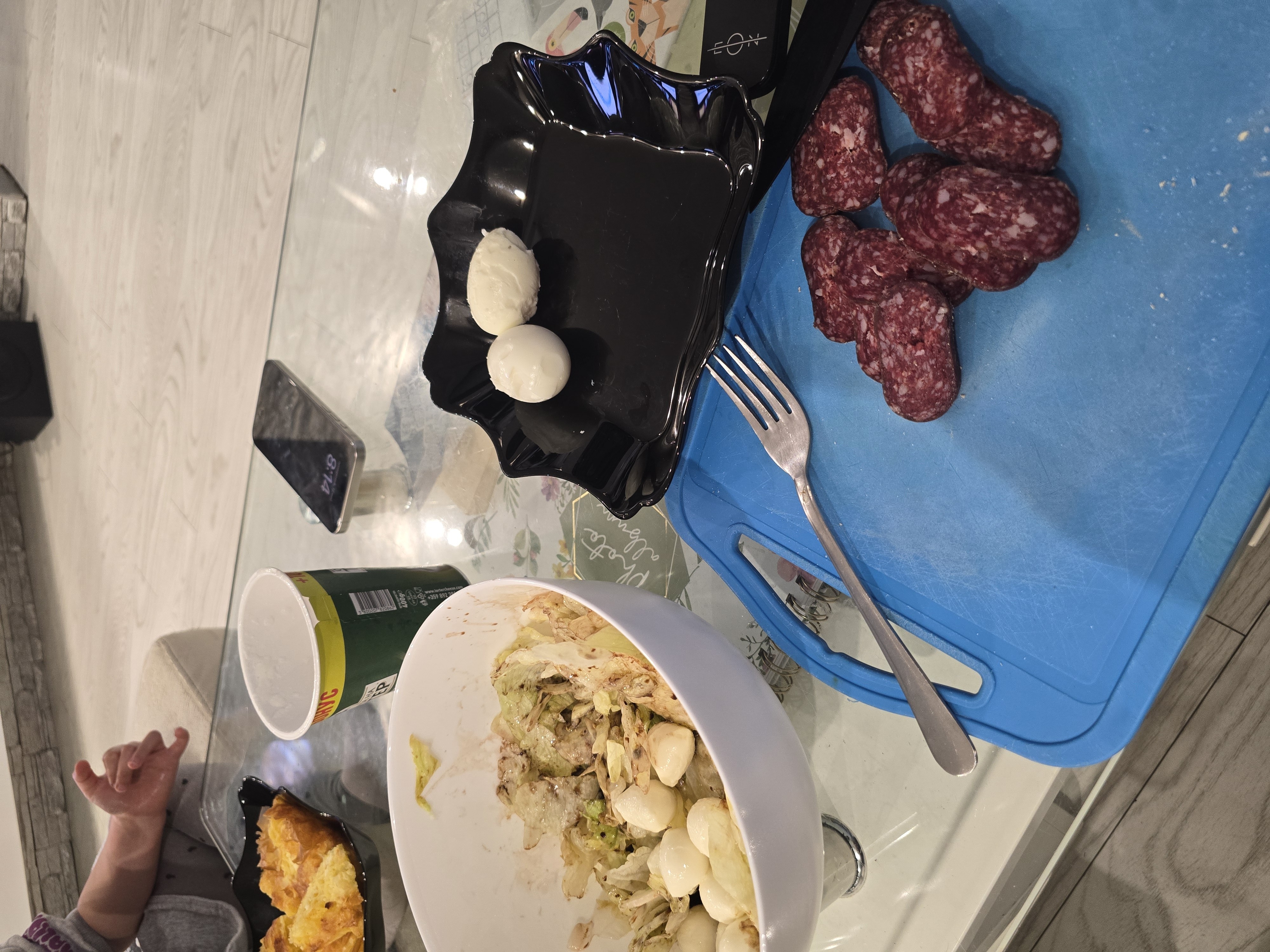 Eggs, Salad, Salami, Pastry