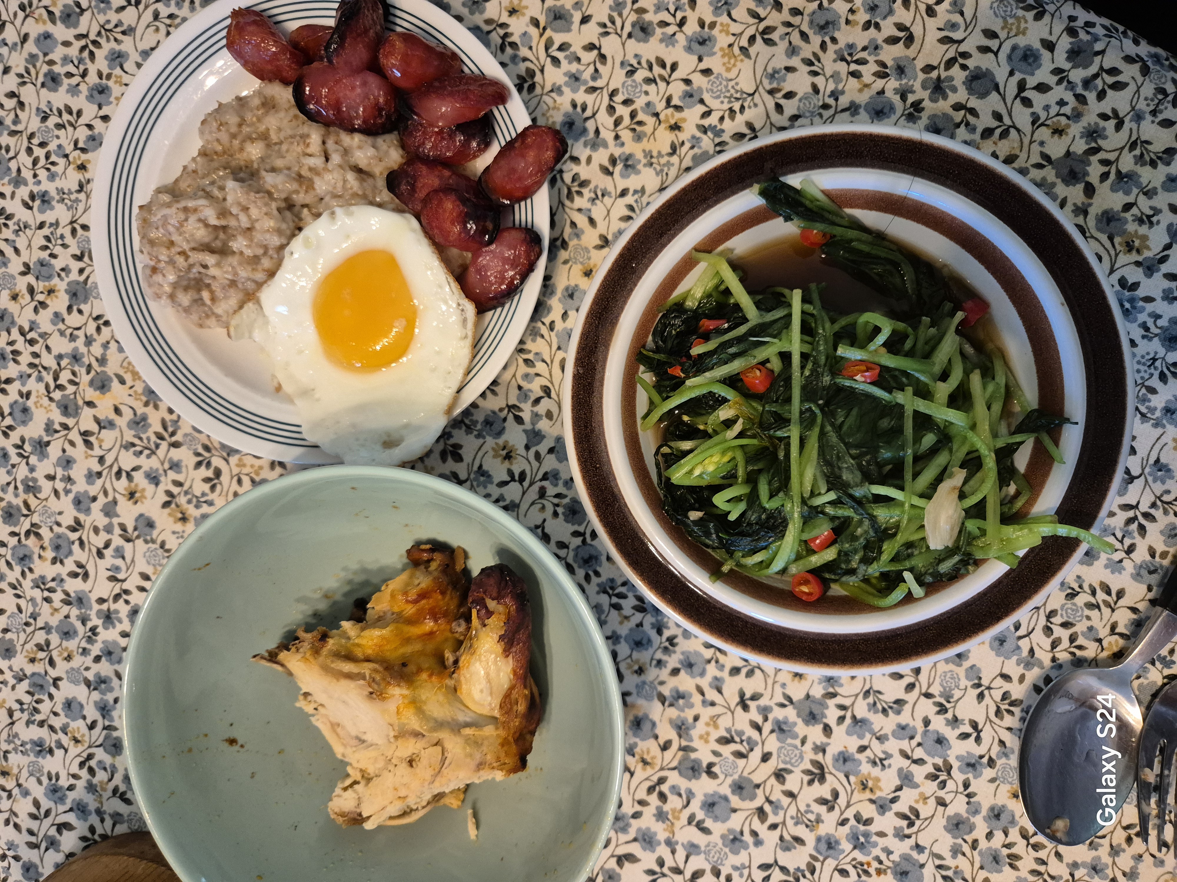 Egg, sausage, chicken, greens