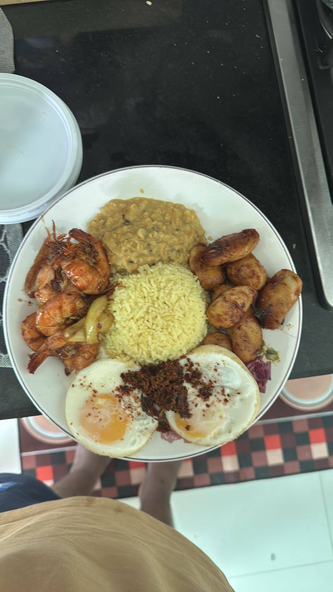 Eggs, chicken sausage, shrimp, rice & plantain