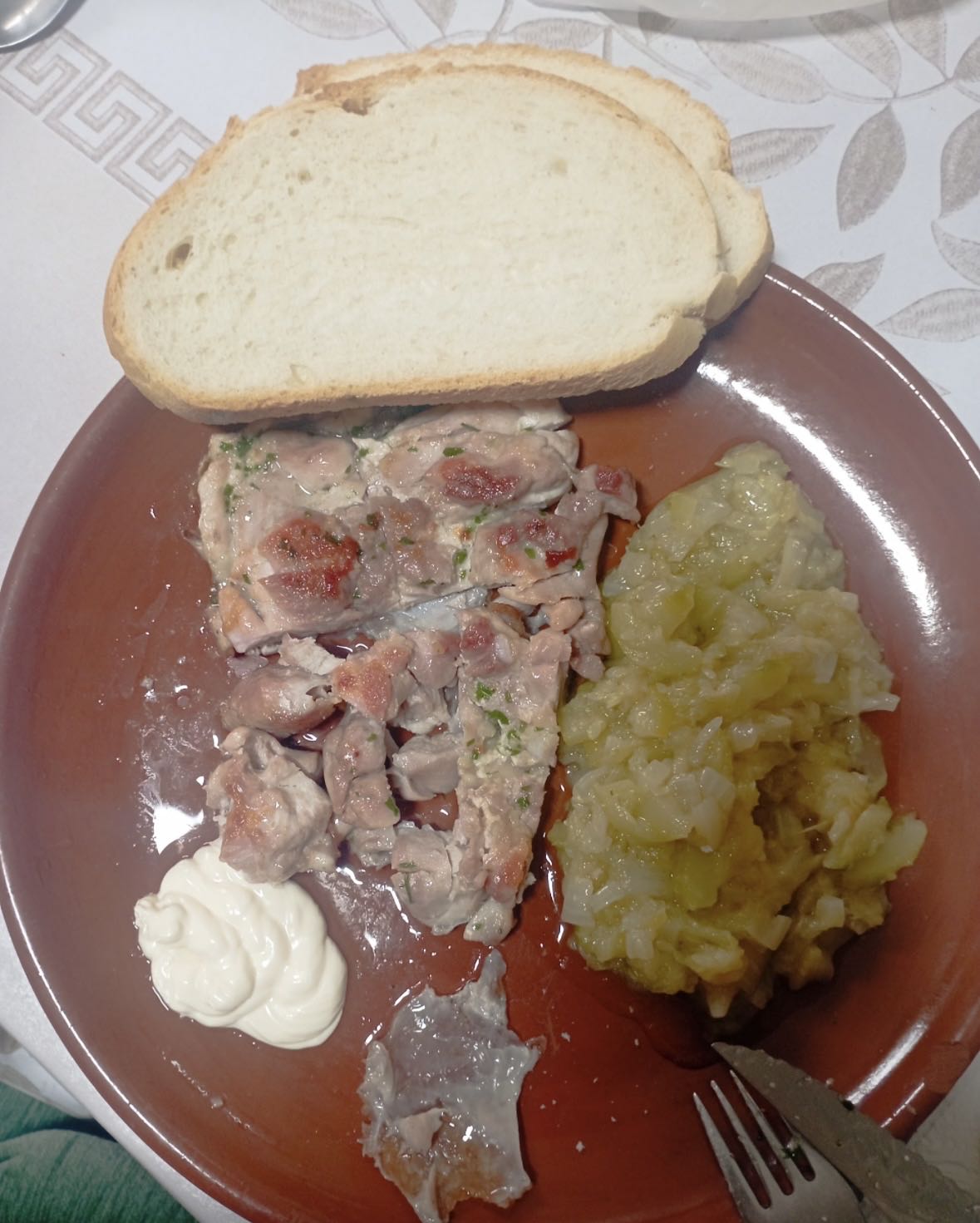 Churrasco de pollo con calabacín y cebolla frito y 2 rebanadas de pan