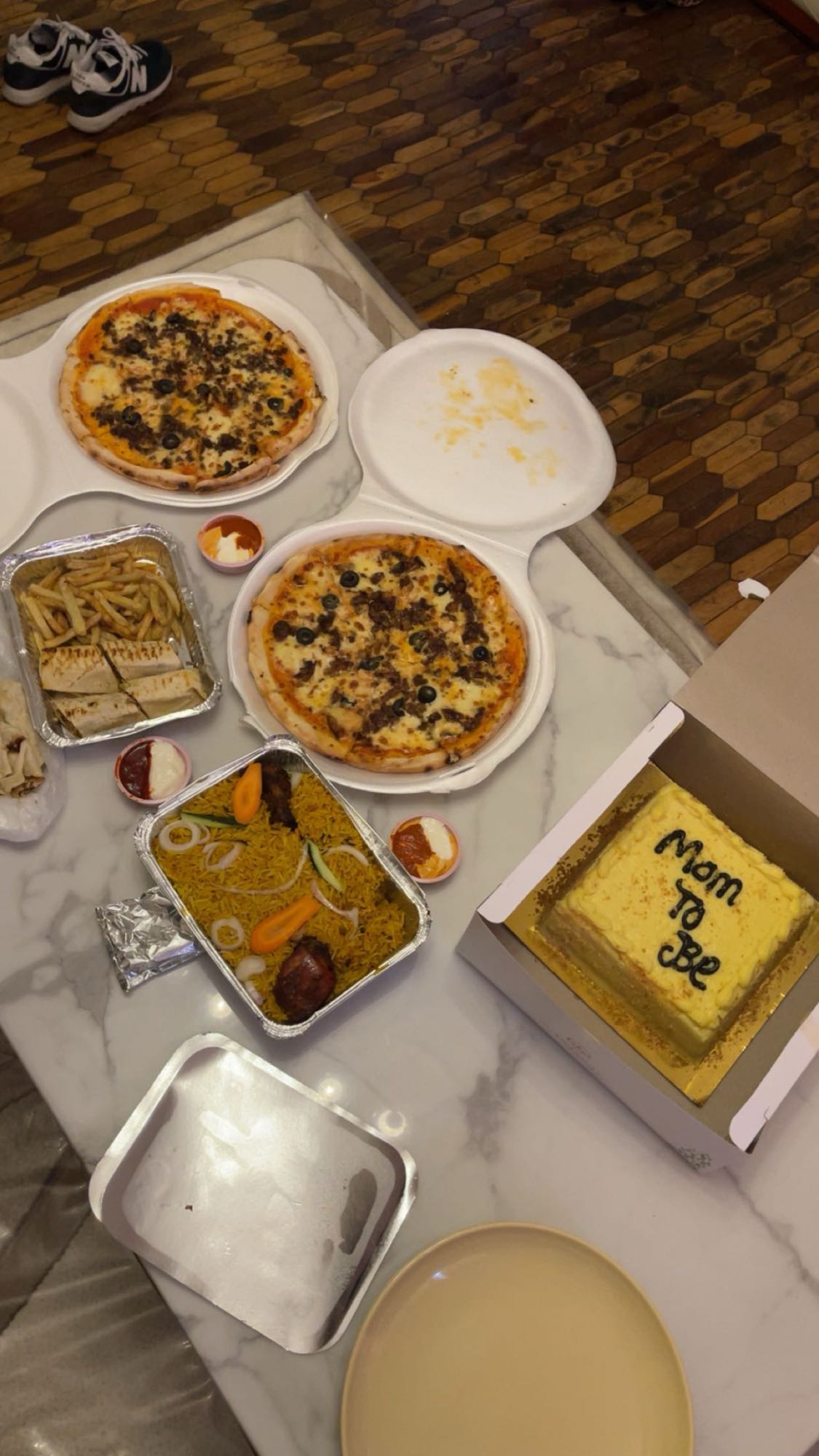 Pizza, rice, cake feast