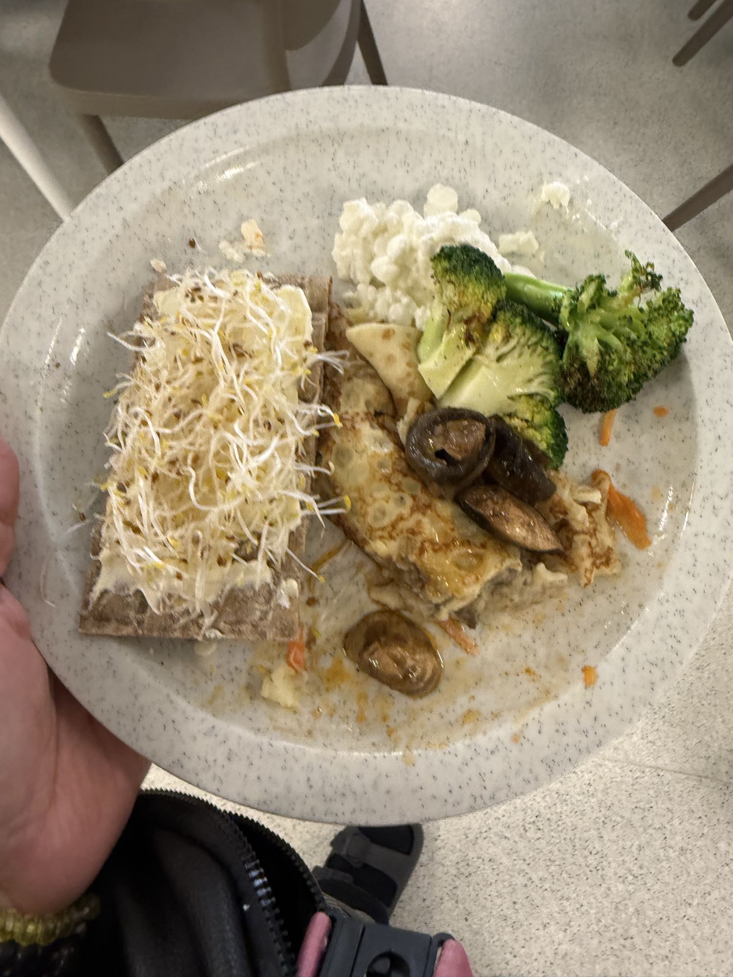 Crêpes med halv champinjonstuvning utan mjölk och vetemjöl med broccoli och groddar